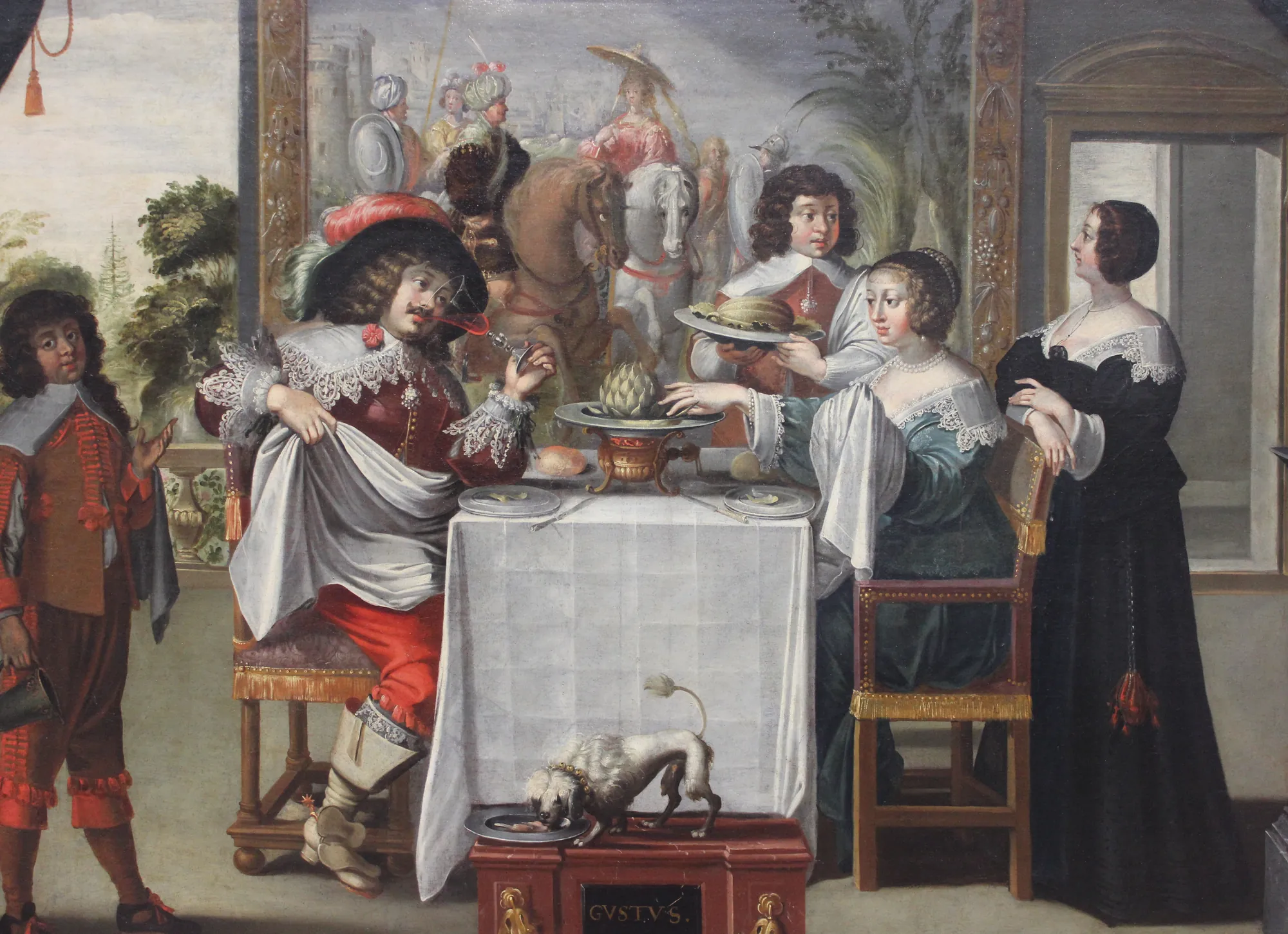 The Five Senses: Taste The Five Senses: Taste by Unknown Artist. A 17th-century oil painting depicting an allegorical scene of taste, featuring a couple dining at a banquet table attended by servants.