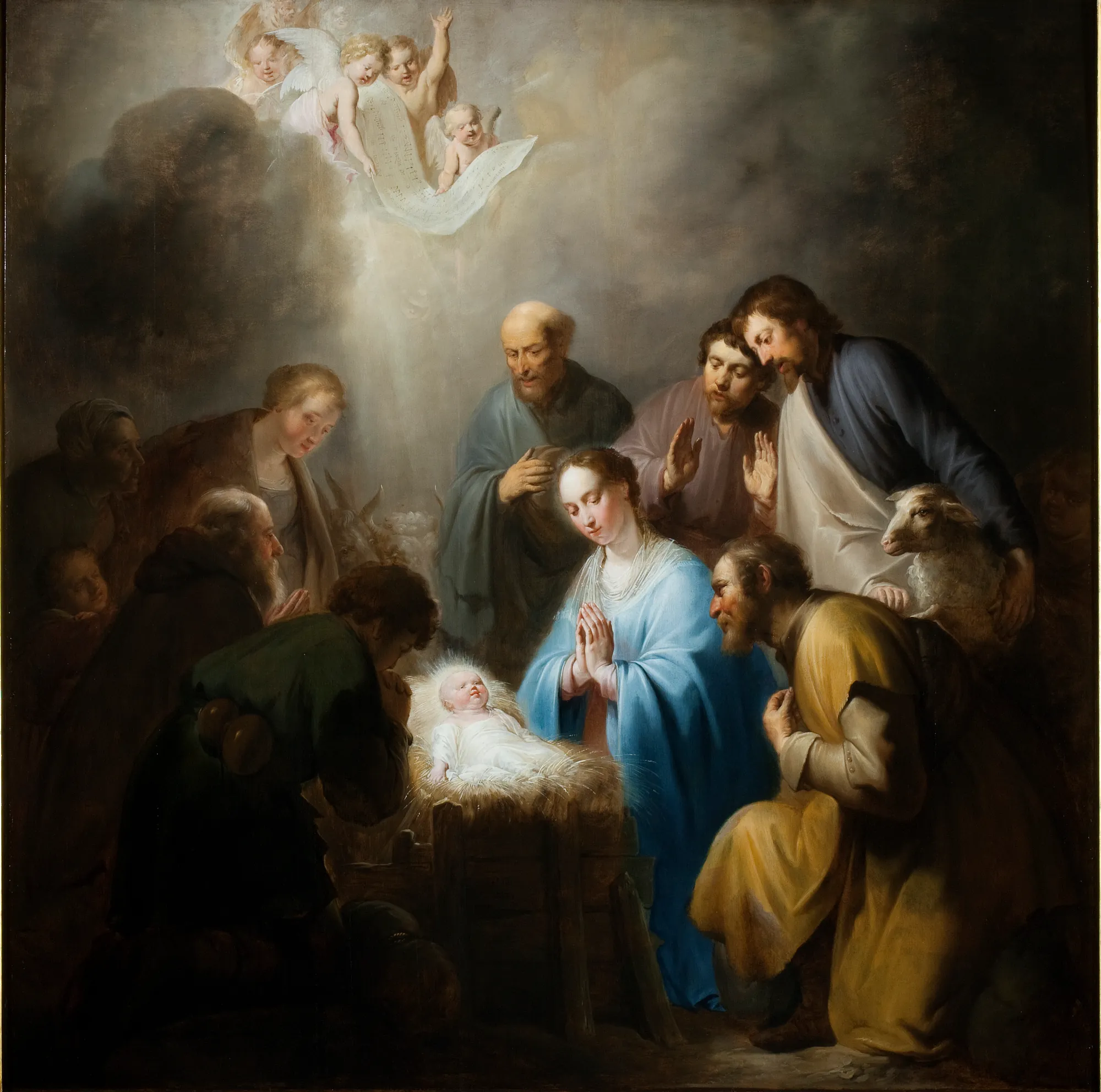 Adoration of the Shepherds Adoration of the Shepherds by Pieter de Grebber. The infant Jesus lies in a manger, radiating a soft light that illuminates the surrounding figures of Mary, Joseph, and the visiting shepherds.