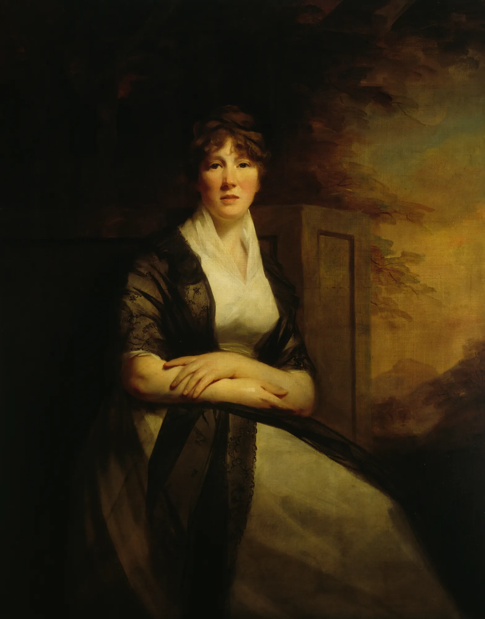 Lady Anne Torphichen Lady Anne Torphichen by Henry Raeburn. A seated woman in a high-waisted white gown and black lace shawl gazes forward against a moody, atmospheric landscape background.