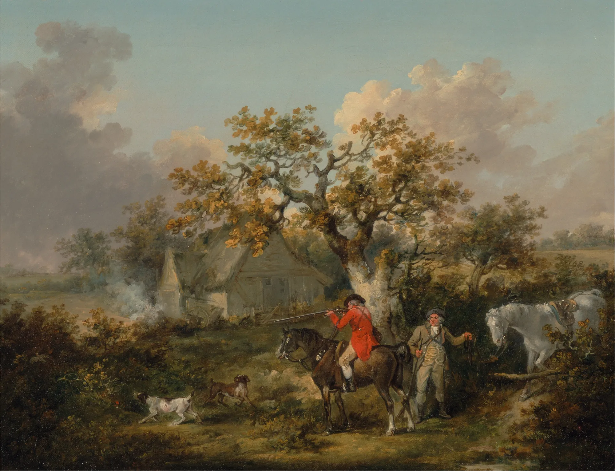 Partridge Shooting Partridge Shooting by George Morland. A hunter in a red coat aims a rifle from horseback while dogs run nearby and another man stands with a white horse in a rural landscape.