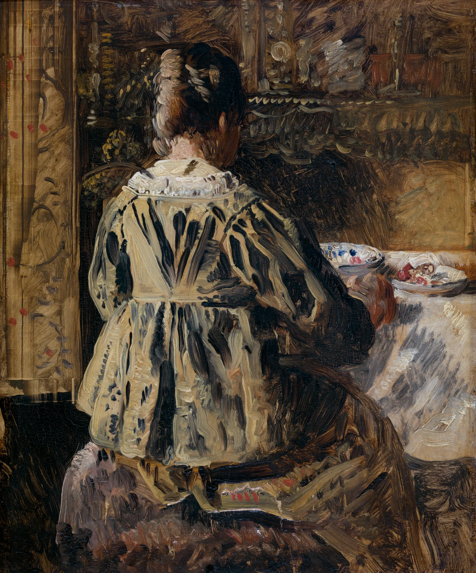 The Meal (Woman Seen from the Back) The Meal (Woman Seen from the Back) by Henri de Braekeleer. A woman is depicted from behind as she sits at a dining table, rendered in bold, thick brushstrokes against a dark, textured interior background.