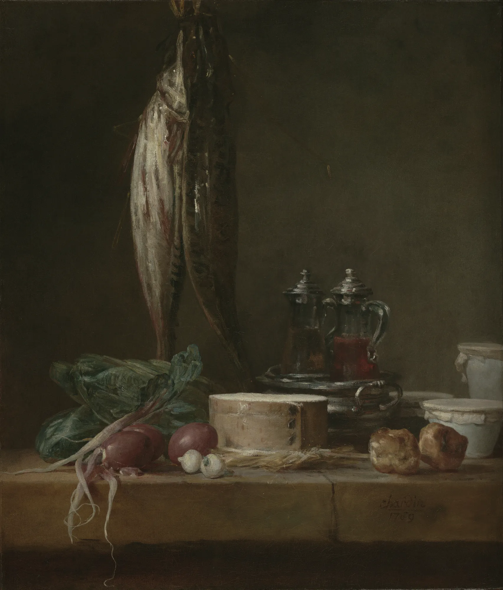 Still Life with Fish, Vegetables, Gougères, Pots, and Cruets