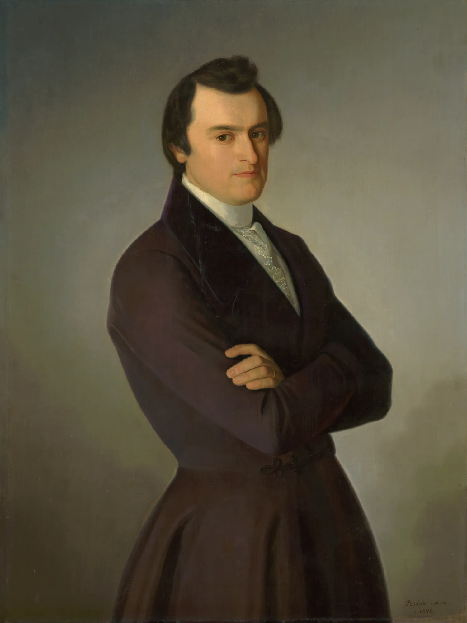 Portrait of M. M. Hodža Portrait of M. M. Hodža by Jozef Božetech Klemens. A half-length portrait of a man with dark hair, wearing a dark coat and high white collar, standing with his arms crossed against a muted grey-green background.