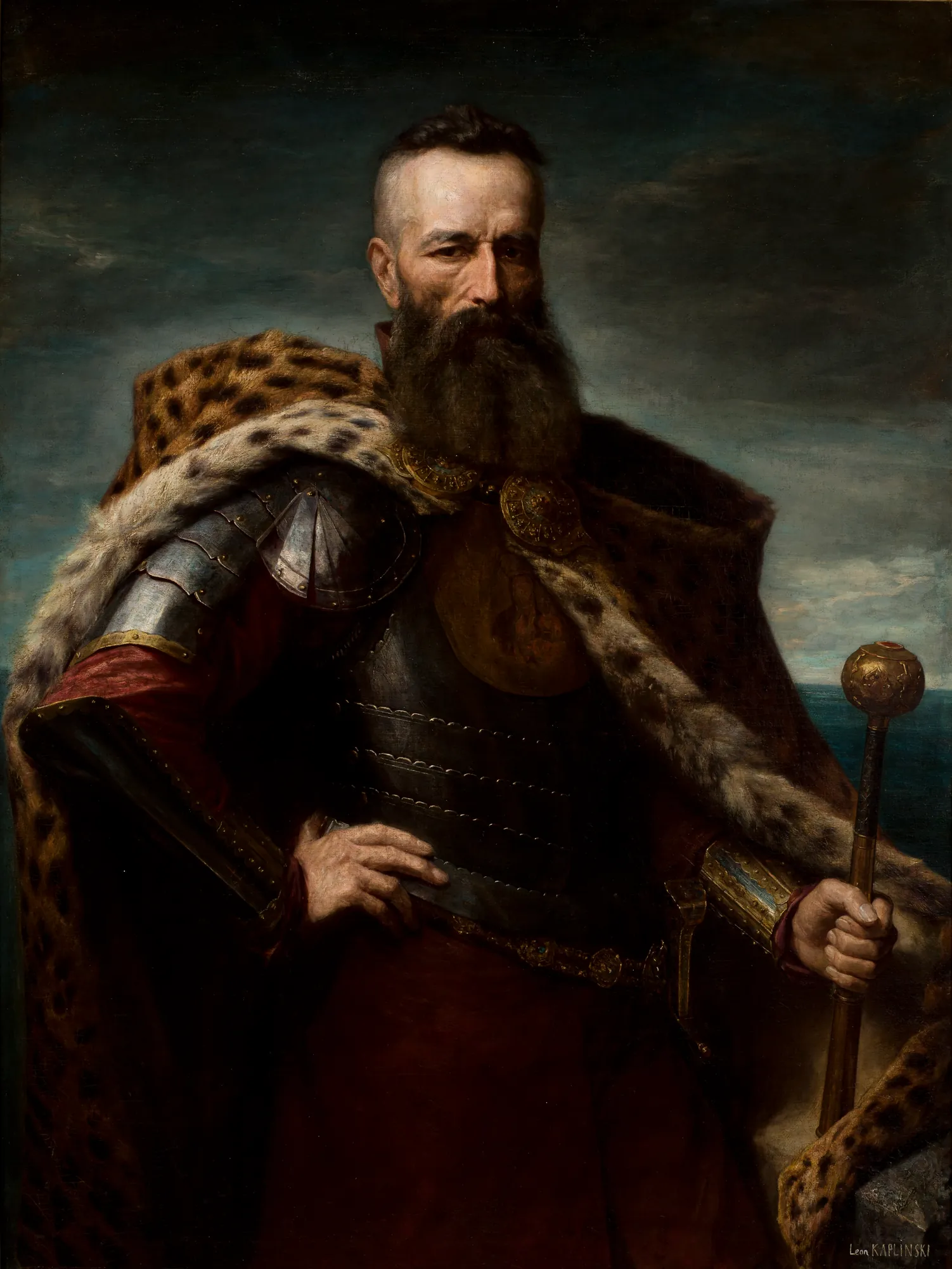 Hetman Stefan Czarniecki Hetman Stefan Czarniecki by Leon Kapliński. A dramatic waist-length portrait of a bearded man in plate armor and a leopard-skin mantle, holding a mace against a dark, stormy sky.
