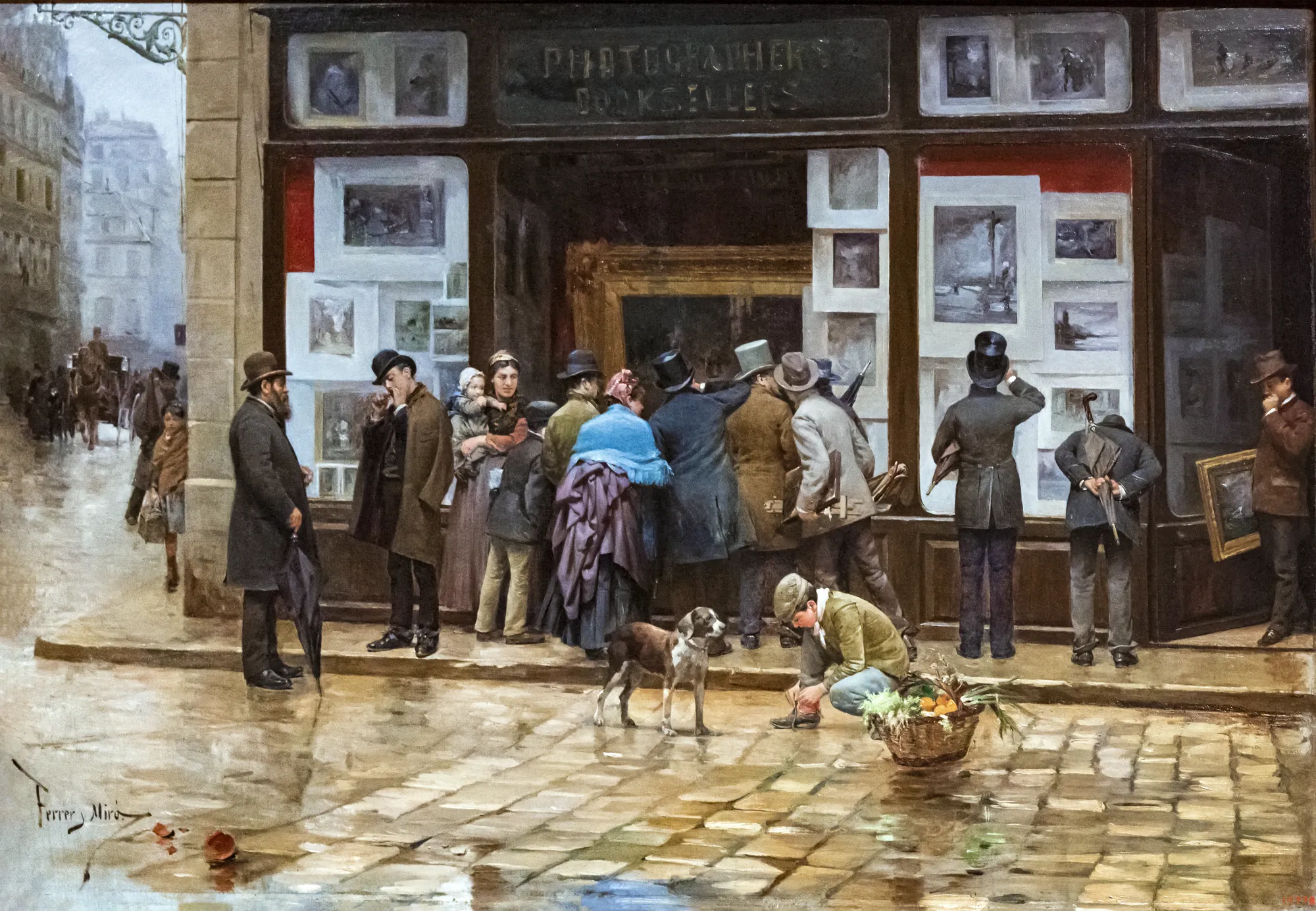 Public Exhibition of a Picture Public Exhibition of a Picture by Joan Ferrer Miró. A diverse crowd of people in late 19th-century attire gathers to view art displayed in a shop window on a wet city street.