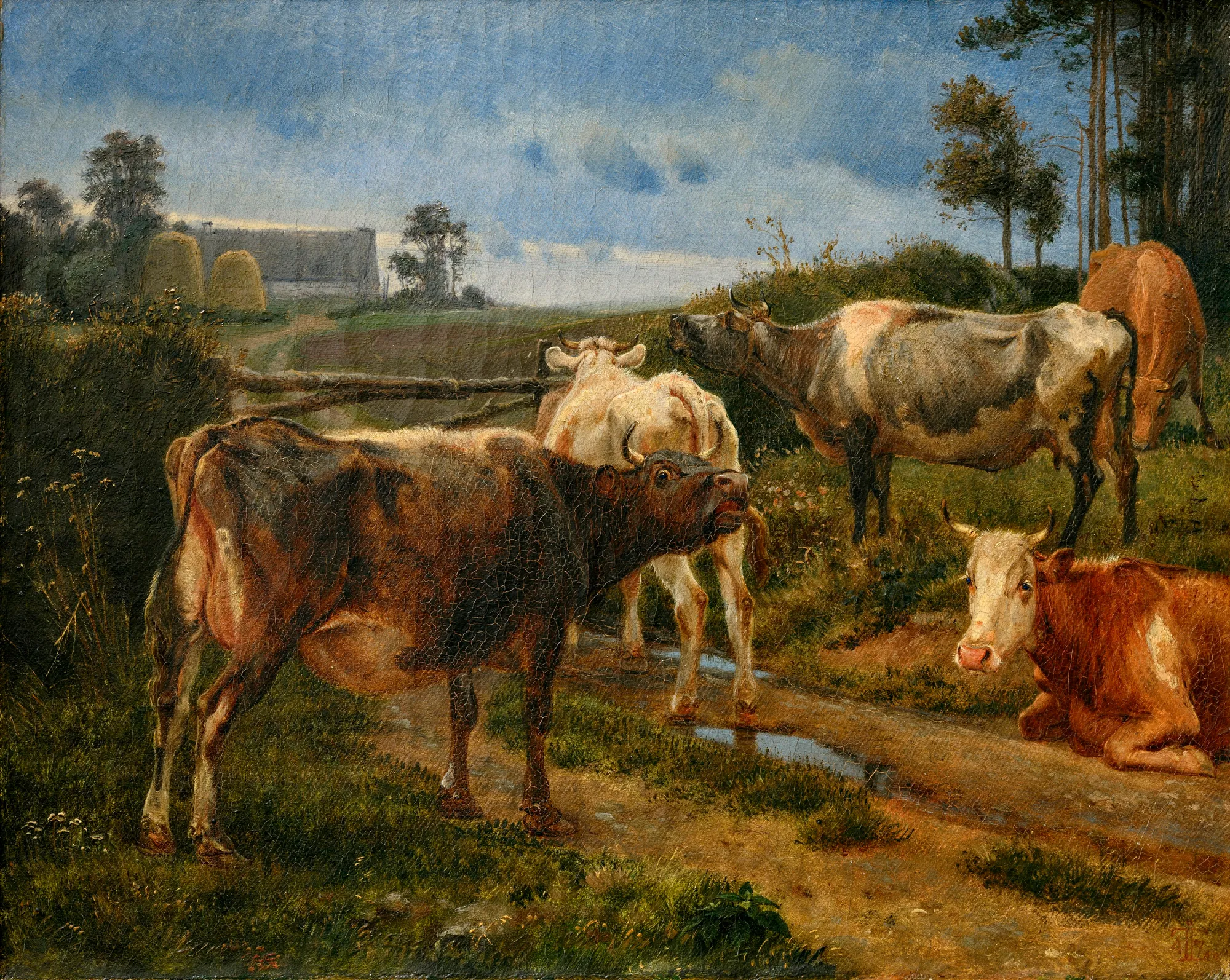 Bellowing Cows by the Fence Gate Bellowing Cows by the Fence Gate by Johan Lundbye. A group of varied cows is gathered on a dirt track by a rustic wooden fence in an expansive rural landscape under a moody, overcast sky.