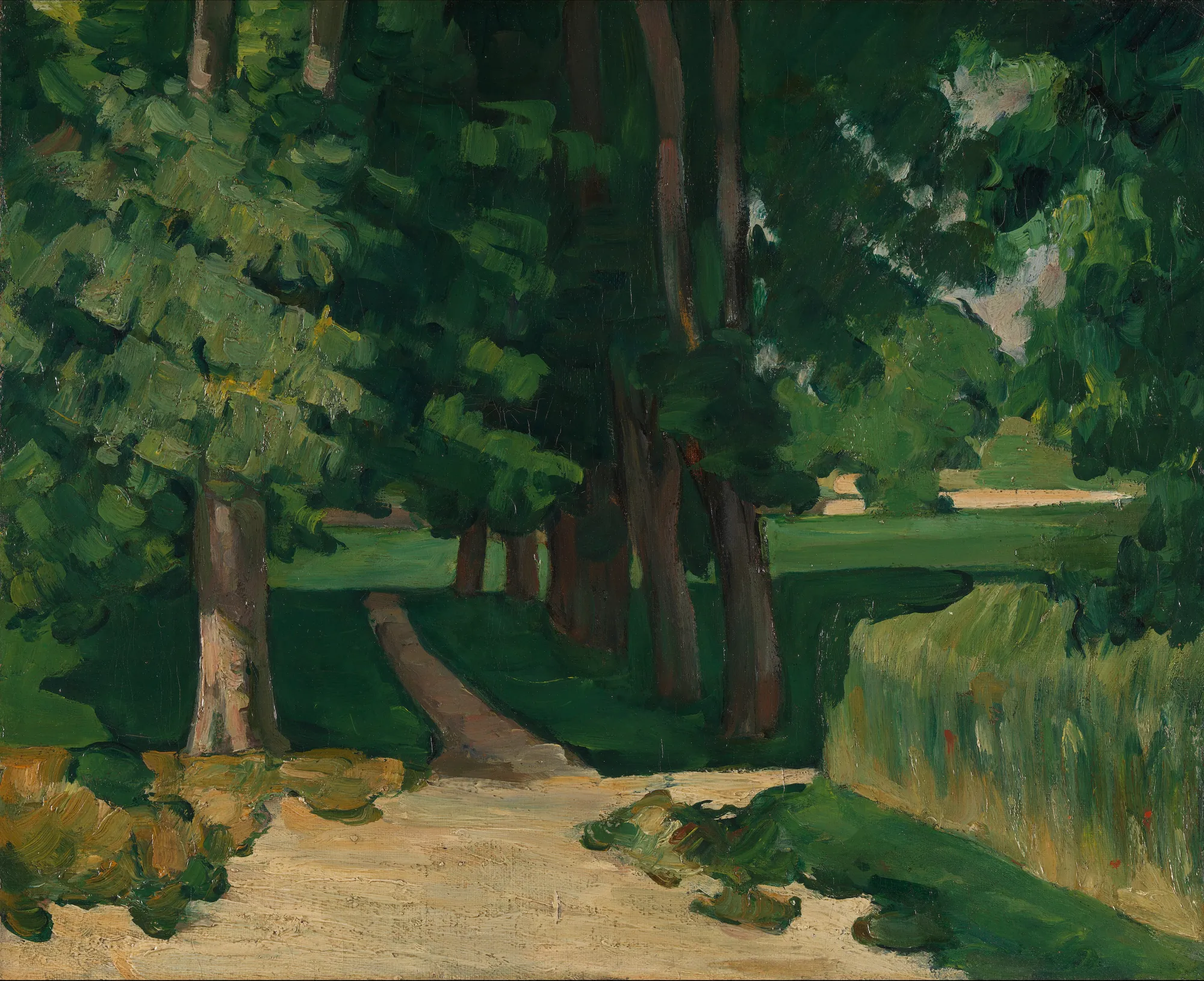 The Driveway at the Jas de Bouffan The Driveway at the Jas de Bouffan by Paul Cézanne. A dirt driveway winds through a dense grove of tall, leafy trees that cast deep, cool shadows across the path.