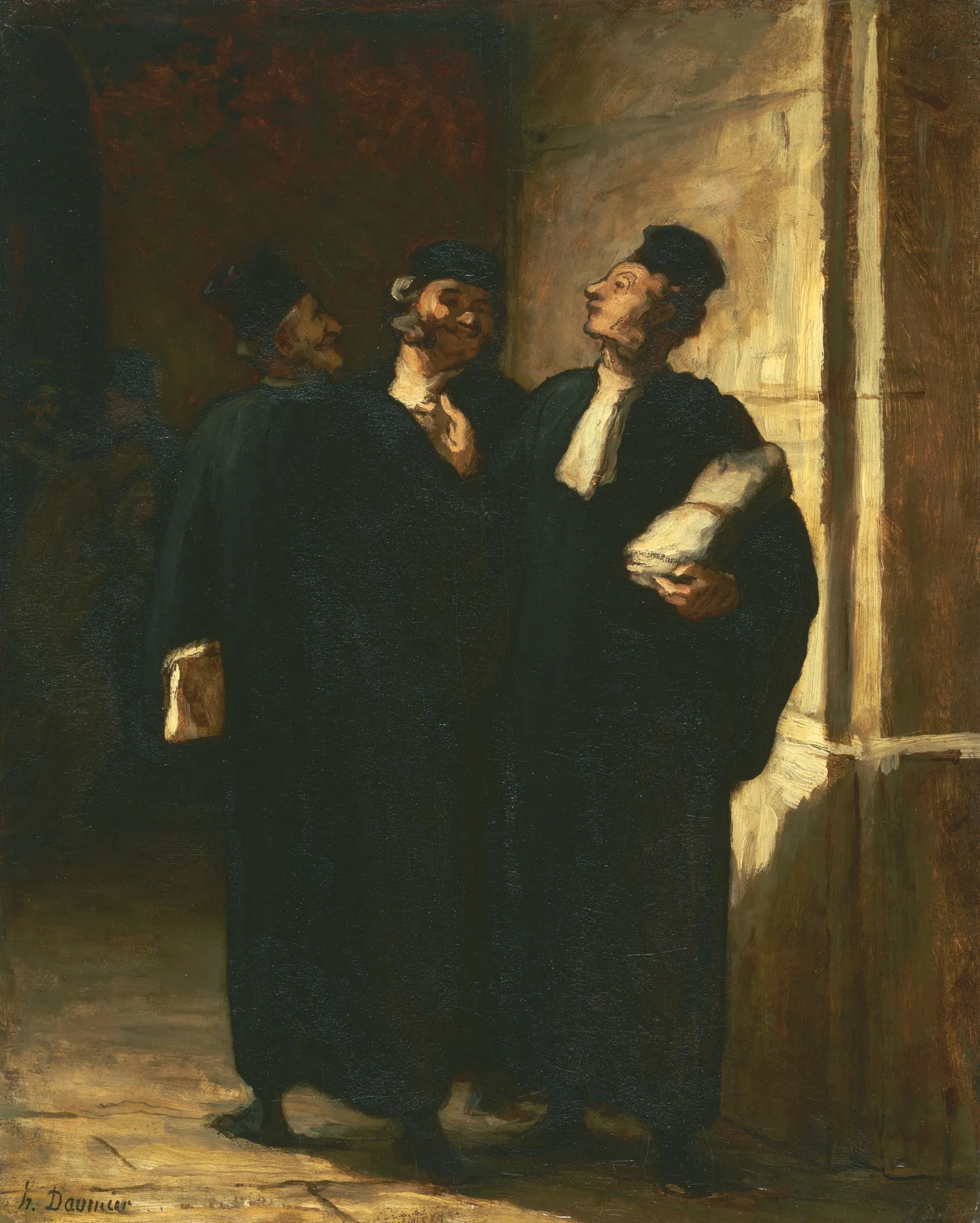 Three Lawyers Three Lawyers by Honoré Daumier. Three men wearing black legal robes and caps engage in conversation within a dimly lit stone corridor.
