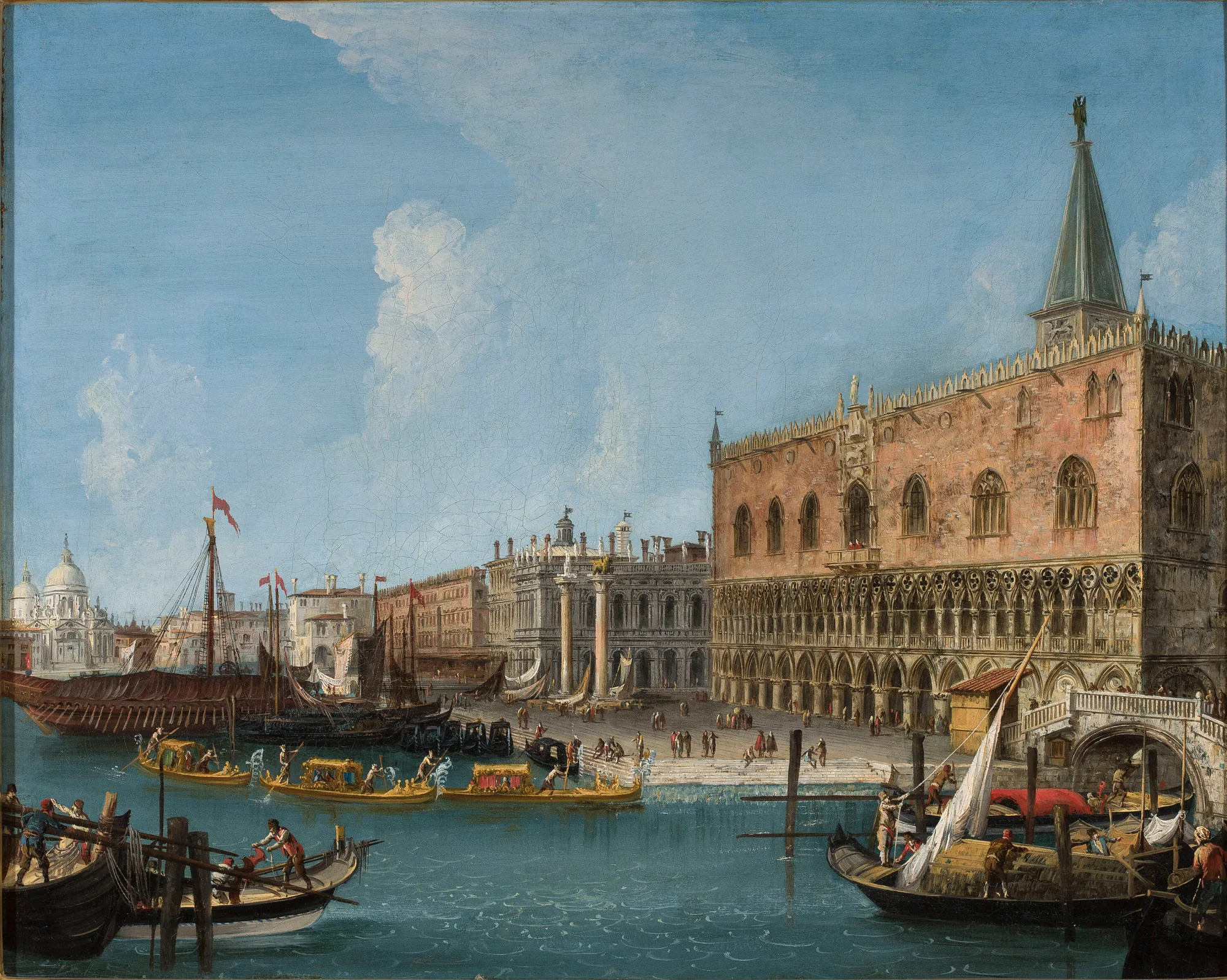 Doge's Palace, Venice Doge's Palace, Venice by Michele Marieschi. A grand perspective view of the Doge's Palace and the Venetian waterfront with numerous gondolas and sailing vessels in the harbor.