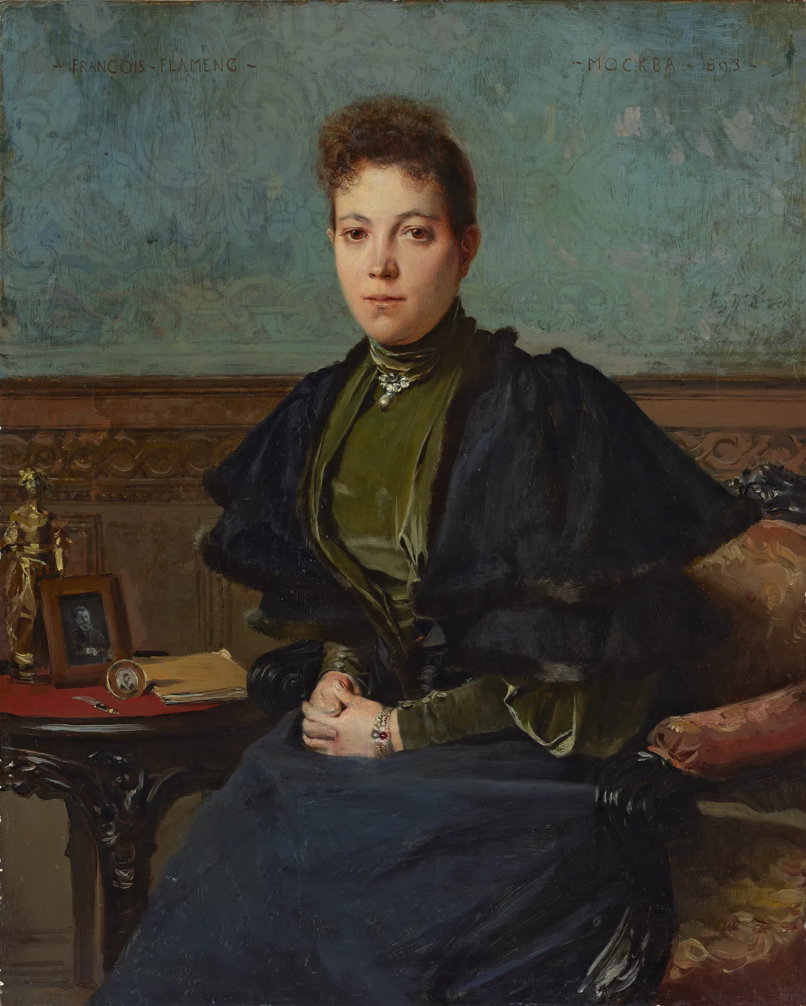 Portrait of Vera Kharitonenko Portrait of Vera Kharitonenko by François Flameng. A seated woman in a dark fur-trimmed cape and green dress, with her hands clasped, in a refined interior with a patterned blue wall.