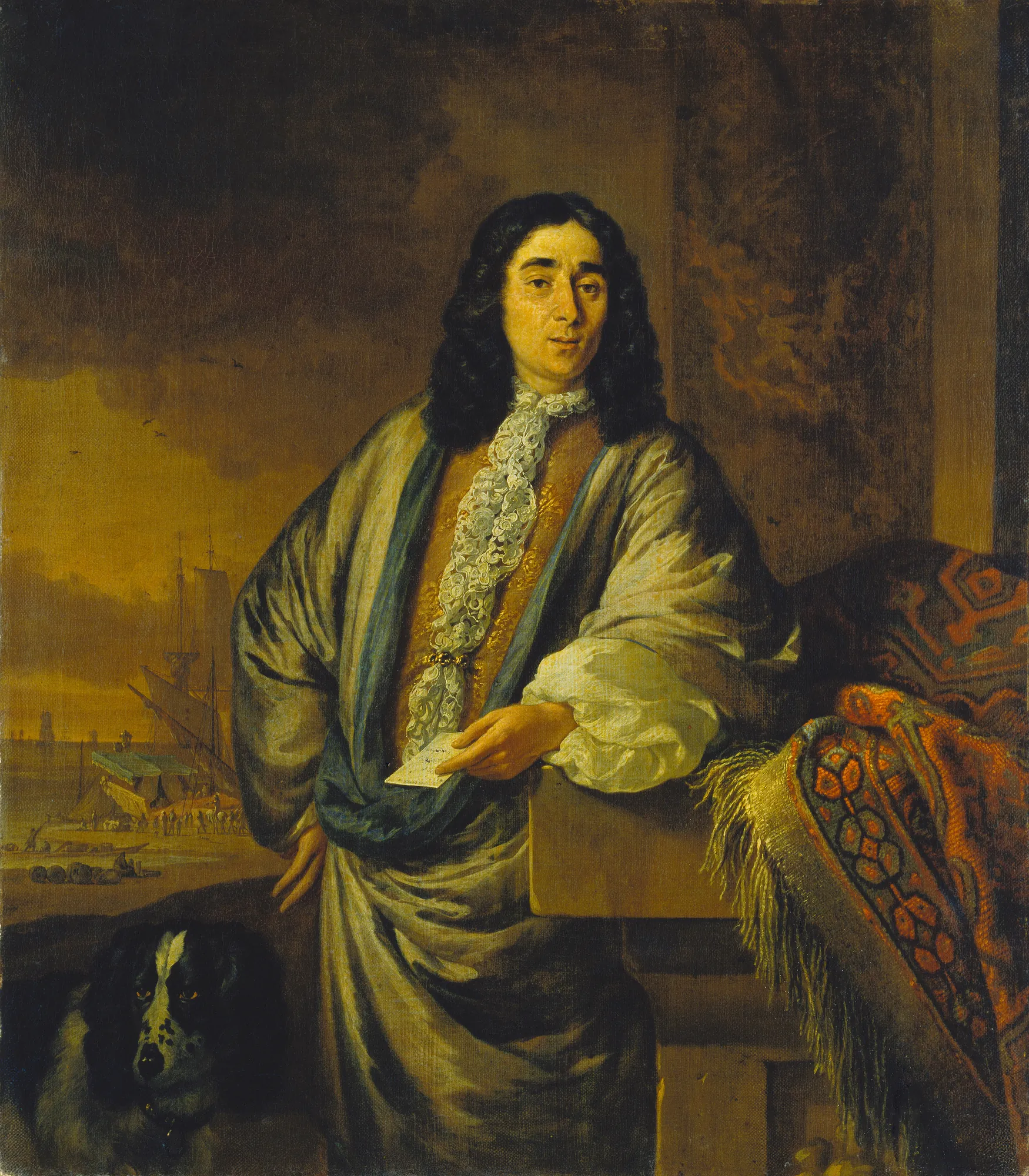 Portrait of a Dutch Merchant Portrait of a Dutch Merchant by Jan Weenix. A formal portrait of a man in silk robes and an intricate lace cravat, standing beside a spaniel dog with a harbor scene in the distance.
