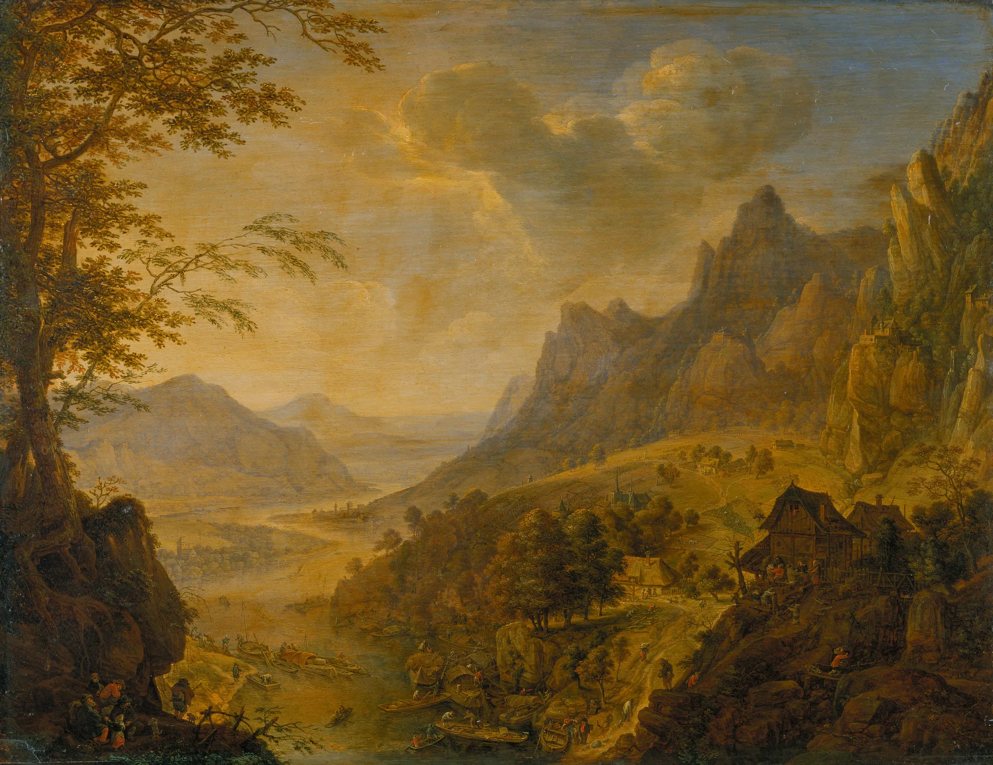 Mountainous Landscape with a River and Village Mountainous Landscape with a River and Village by Herman Saftleven. A sweeping river valley vista featuring rugged mountains, a bustling village on the bank, and numerous small boats under a warm sky.