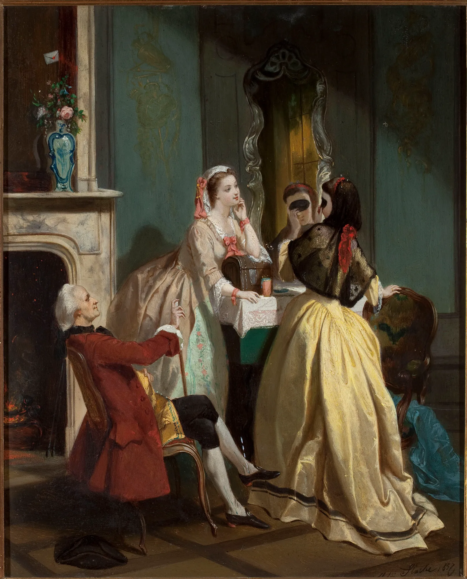 Company Company by Adolphe Stache. A 19th-century interior scene featuring a seated gentleman by a fireplace and two women in elegant gowns near a mirrored vanity.