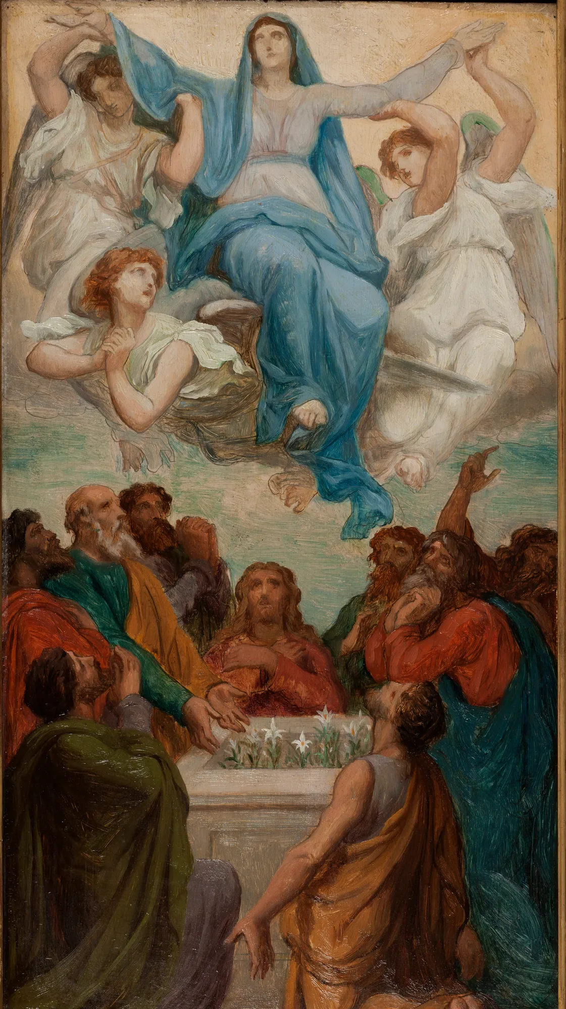 L'Assomption de la Vierge L'Assomption de la Vierge by Émile Bin. An oil sketch depicting the Virgin Mary in a blue robe ascending to heaven on clouds, surrounded by angels and observed by apostles at her tomb below.