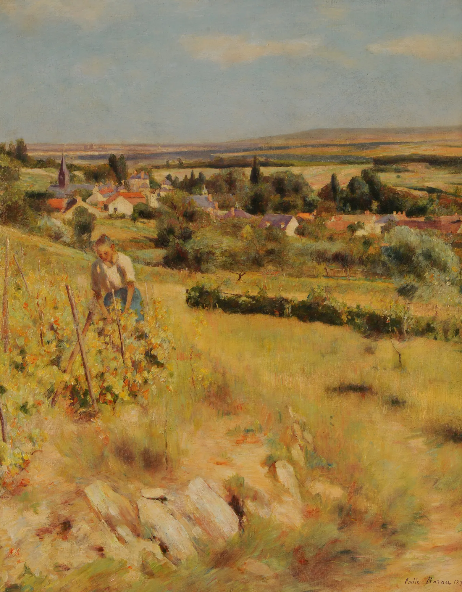 Vue sur Chenay Vue sur Chenay by Émile Barau. A woman works in a sun-drenched vineyard in the foreground, looking out over a small village with a church steeple in the distance.