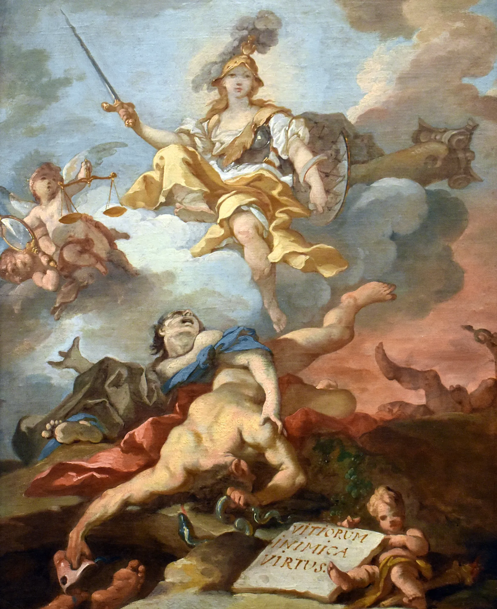 Virtue Victorious over Vice Virtue Victorious over Vice by Michel-François Dandré-Bardon. An allegorical painting depicting a celestial figure in armor soaring above falling figures, accompanied by cherubs with symbols of justice and truth.