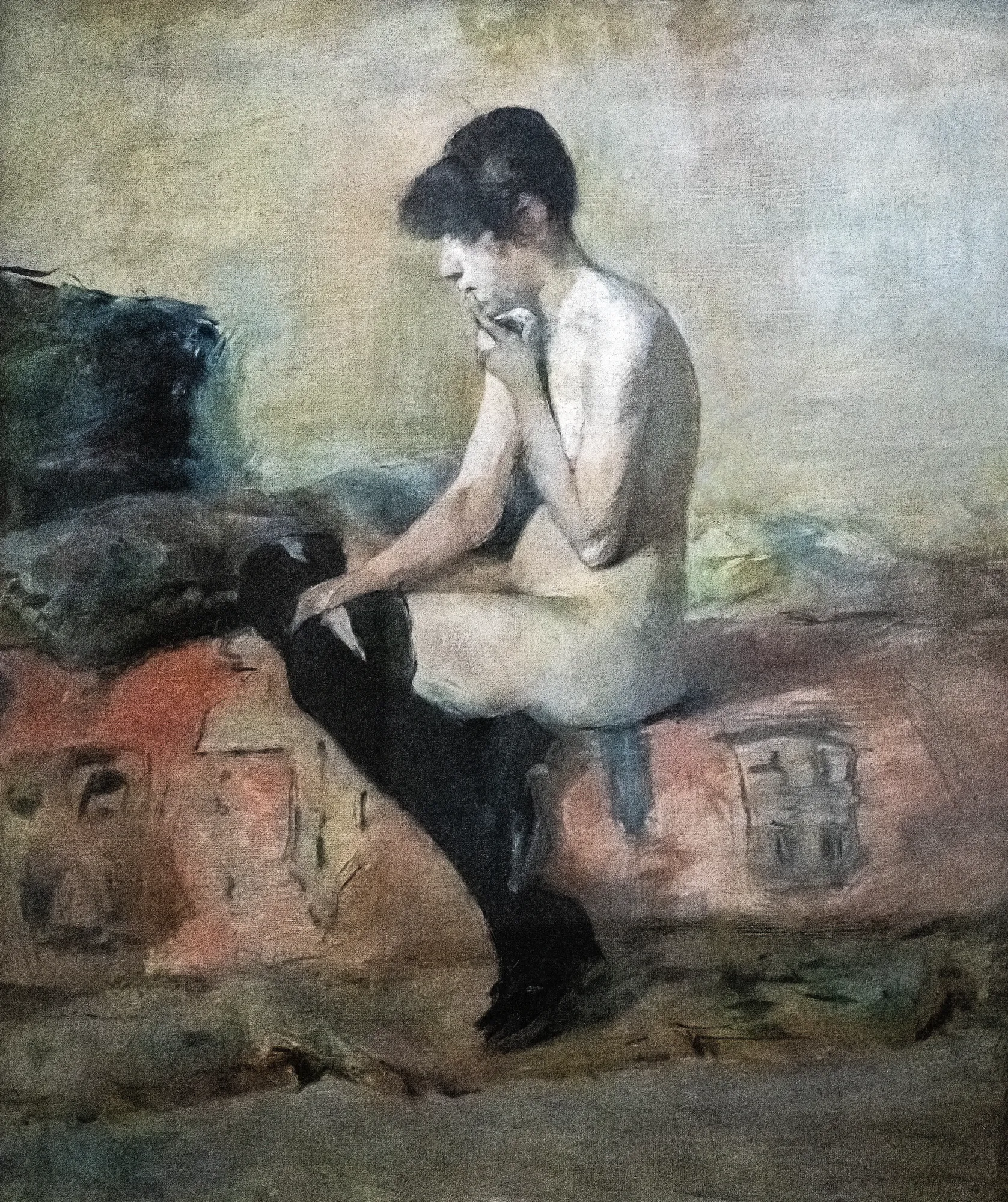 Woman Sitting on a Couch (Etude de nu) Woman Sitting on a Couch (Etude de nu) by Henri de Toulouse-Lautrec. An impressionistic oil study of a nude woman with dark hair seated in profile on a reddish-pink divan.