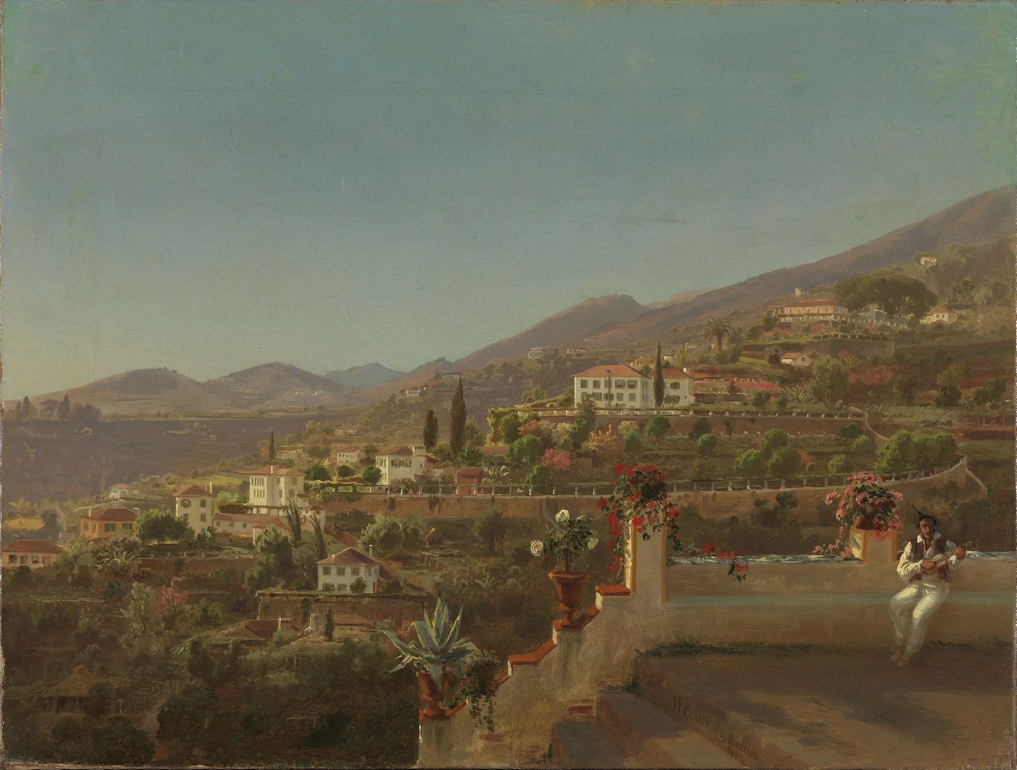 View of Funchal, Madeira View of Funchal, Madeira by Johan Fredrik Eckersberg. A sunlit landscape painting of a terraced hillside in Funchal, featuring white-washed villas, lush greenery, and a man playing a stringed instrument on a balcony in the foreground.