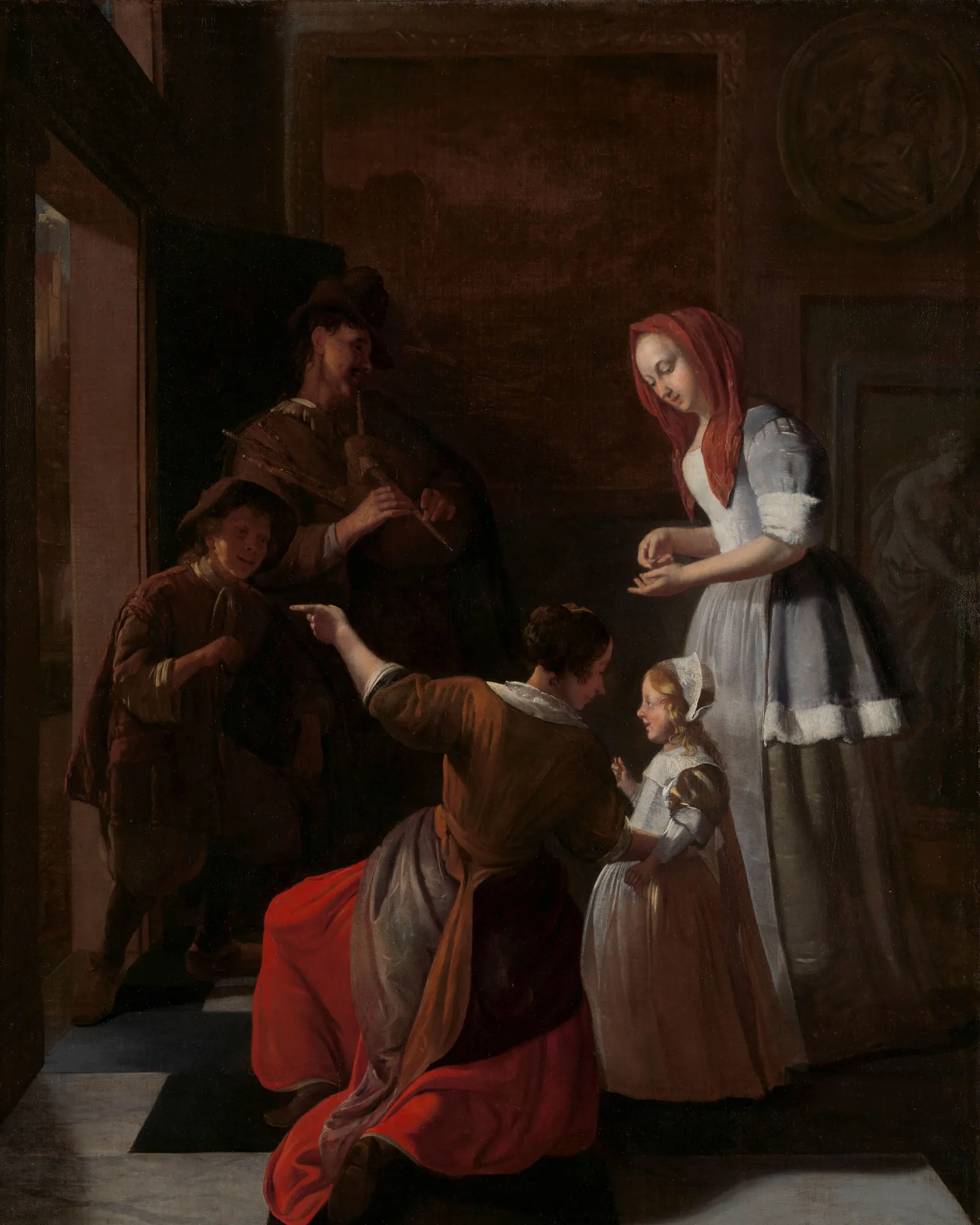 The Players The Players by Jacob Ochtervelt. A group of musicians stands at an open doorway while a woman and a young child interact with them inside a dimly lit interior.