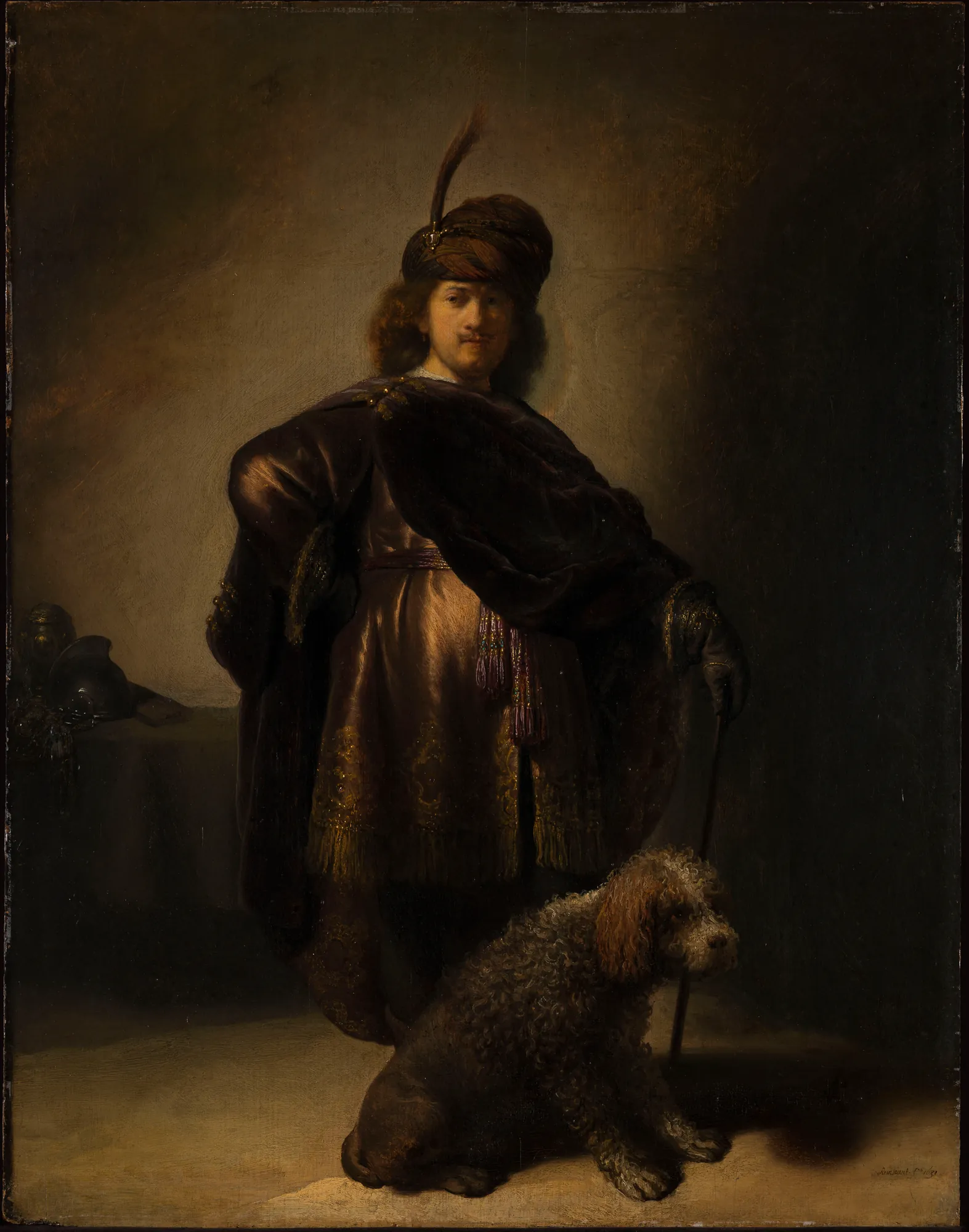 Self-portrait in Oriental Dress Self-portrait in Oriental Dress by Rembrandt. A full-length self-portrait of a man dressed in elaborate silk robes and a feathered turban, standing next to a large poodle in a shadowy interior.