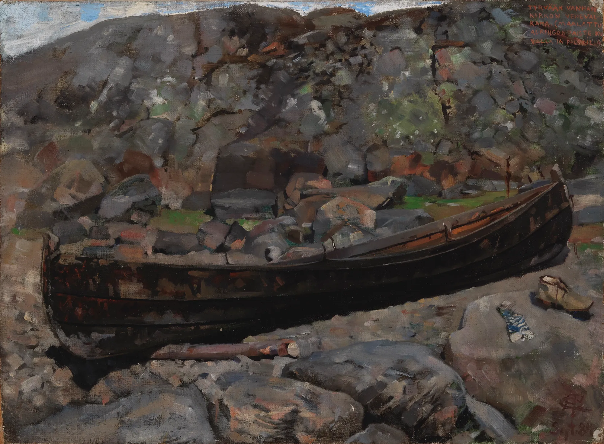 Boat on a Rocky Shore Near the Old Church in Tyrvää