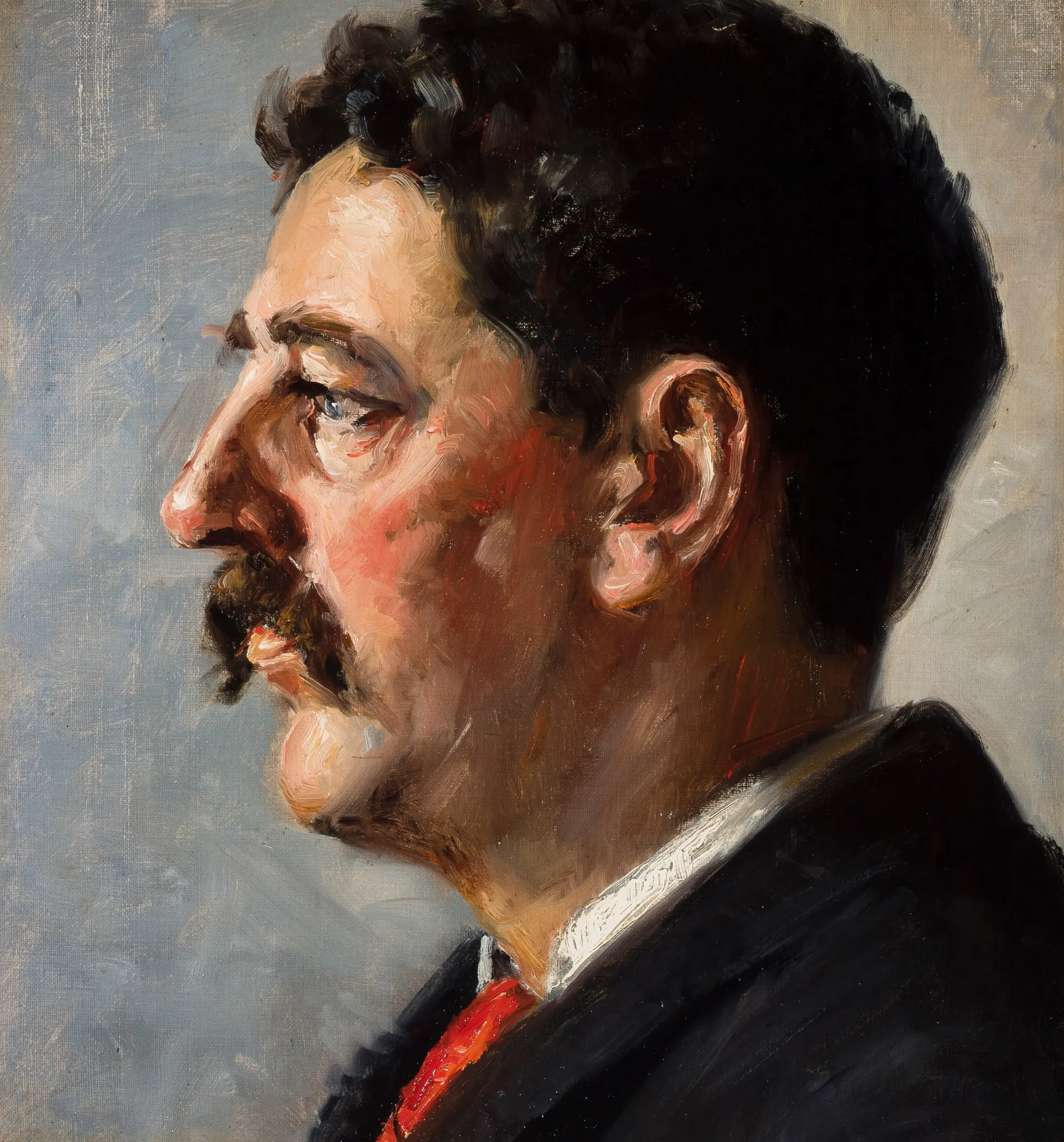 Portrait of John H. Brøndum Portrait of John H. Brøndum by Michael Ancher. An oil portrait in profile of a man with dark curly hair, a thick mustache, and a dark coat with a red tie against a muted blue-grey background.