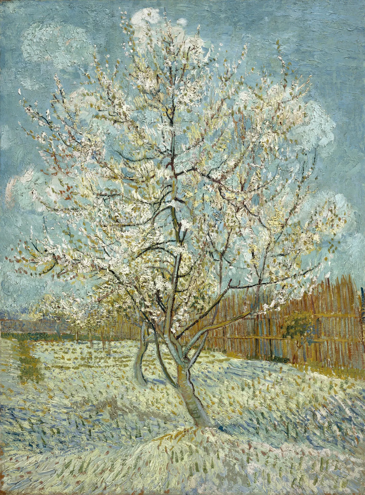 The Pink Peach Tree The Pink Peach Tree by Vincent van Gogh. A flowering peach tree with pale pink blossoms stands in a sunlit field under a blue sky, rendered with thick, textured brushstrokes.