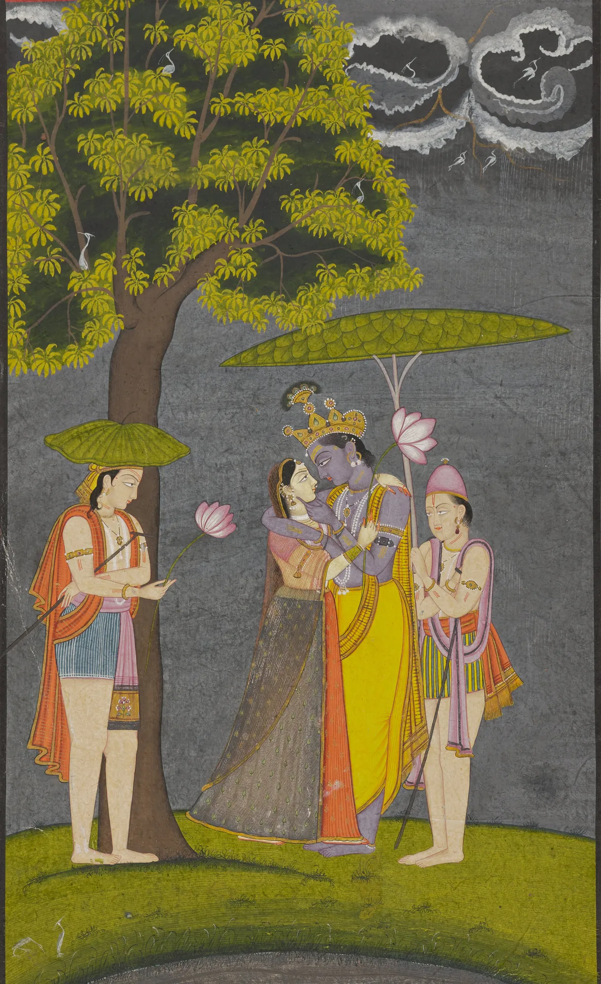 Krishna and Radha Sheltering from the Rain Krishna and Radha Sheltering from the Rain by Unknown Artist. A divine couple stands embraced under a large leaf umbrella during a storm, flanked by attendants in a stylized landscape.