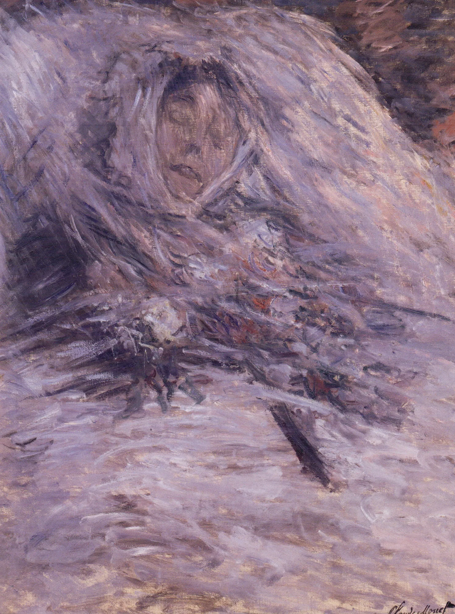 Camille Monet on Her Deathbed Camille Monet on Her Deathbed by Claude Monet. An Impressionist oil painting depicting a woman's face enveloped in layers of white and violet fabric as she lies on her deathbed.