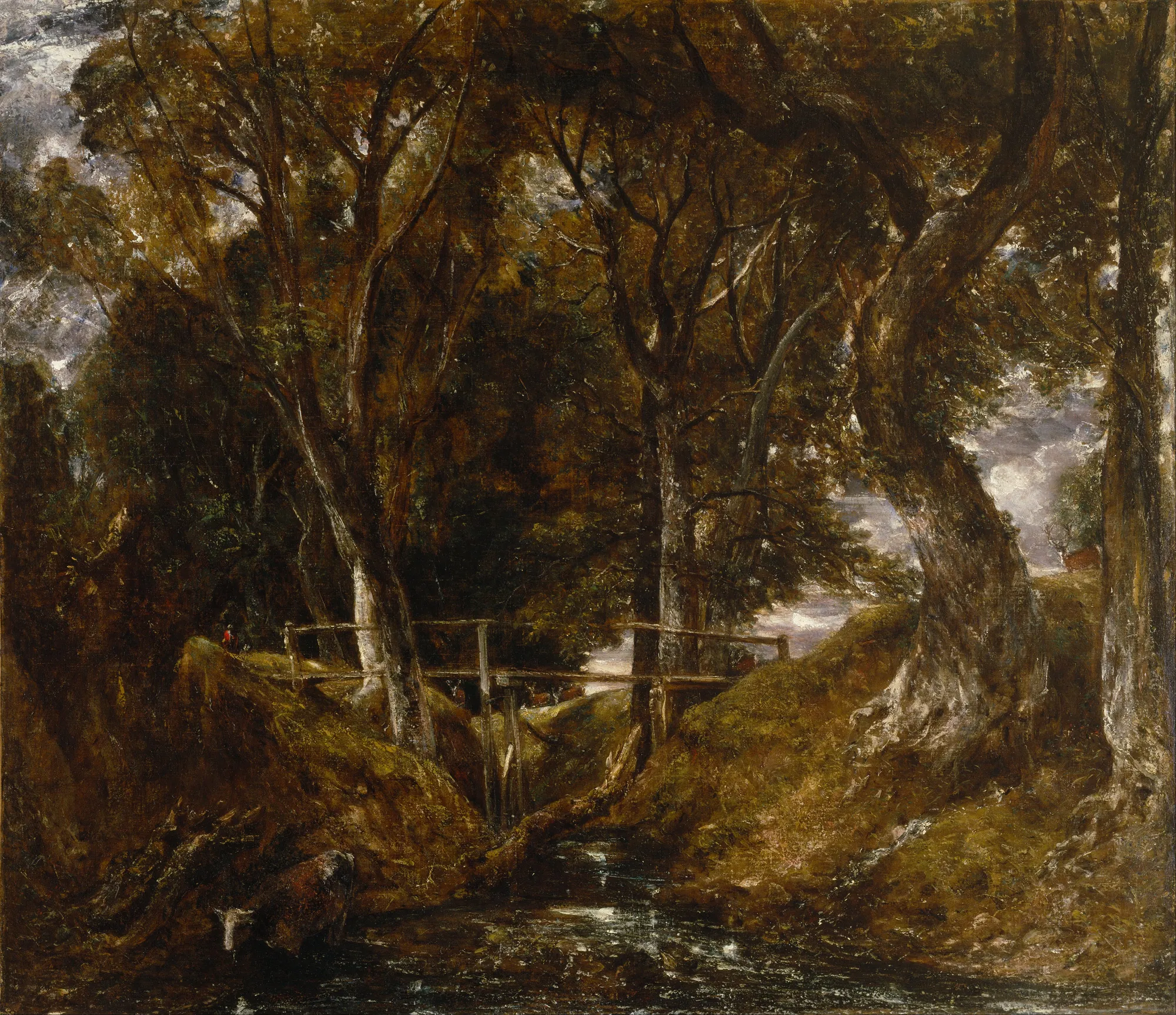 The Dell at Helmingham Park The Dell at Helmingham Park by John Constable. A densely wooded glen featuring a rustic wooden footbridge over a small stream surrounded by ancient, dark trees.
