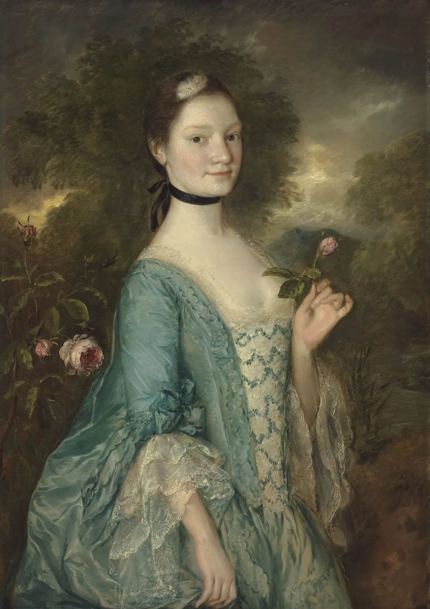 Sarah, Lady Innes Sarah, Lady Innes by Thomas Gainsborough. A half-length portrait of a woman in a shimmering turquoise silk gown, holding a pink rose against a dark, atmospheric wooded landscape.