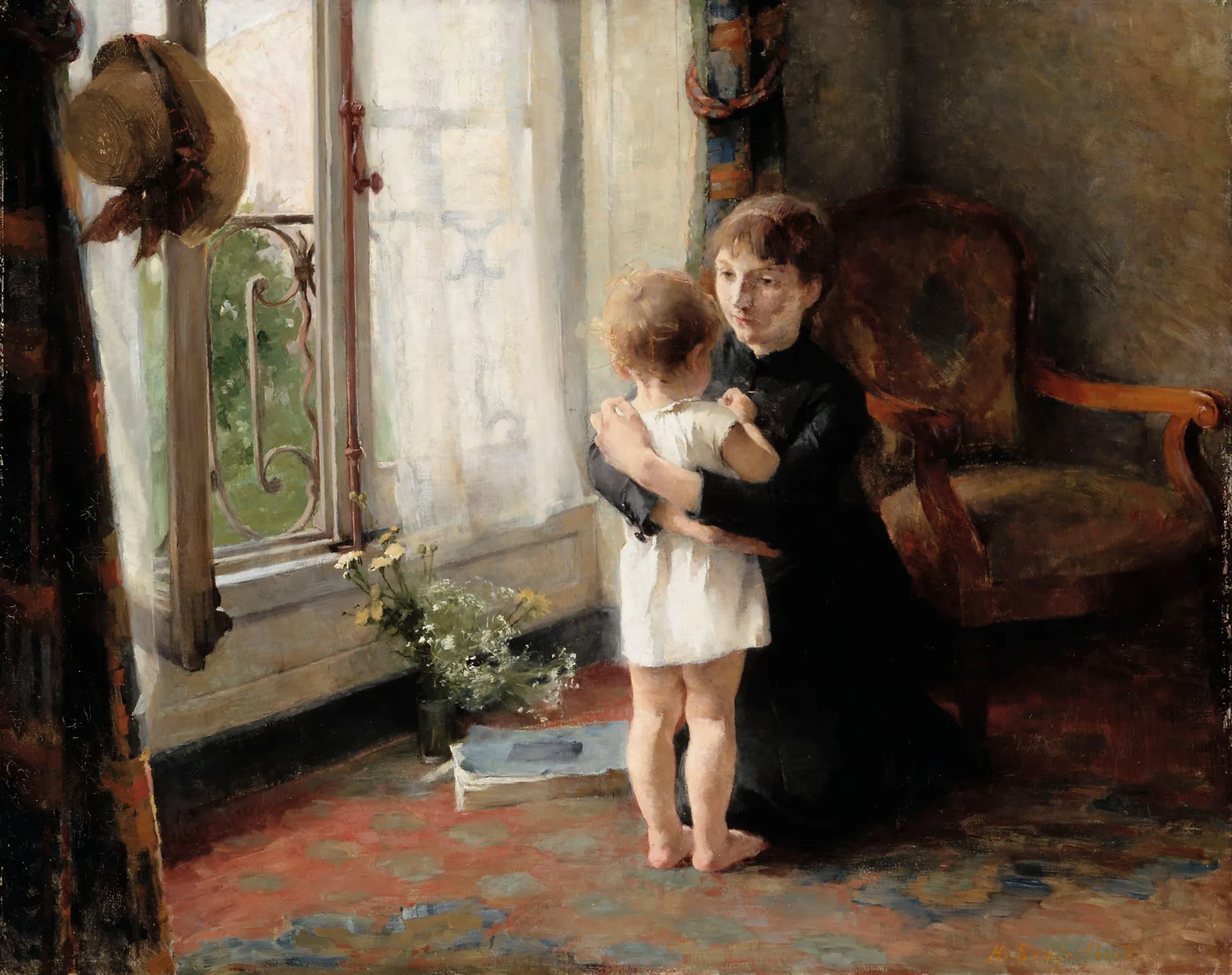 Mother and Child Mother and Child by Helene Schjerfbeck. A woman in a black dress kneels on a patterned carpet, embracing a young child in a white smock in front of a bright, sunlit window.