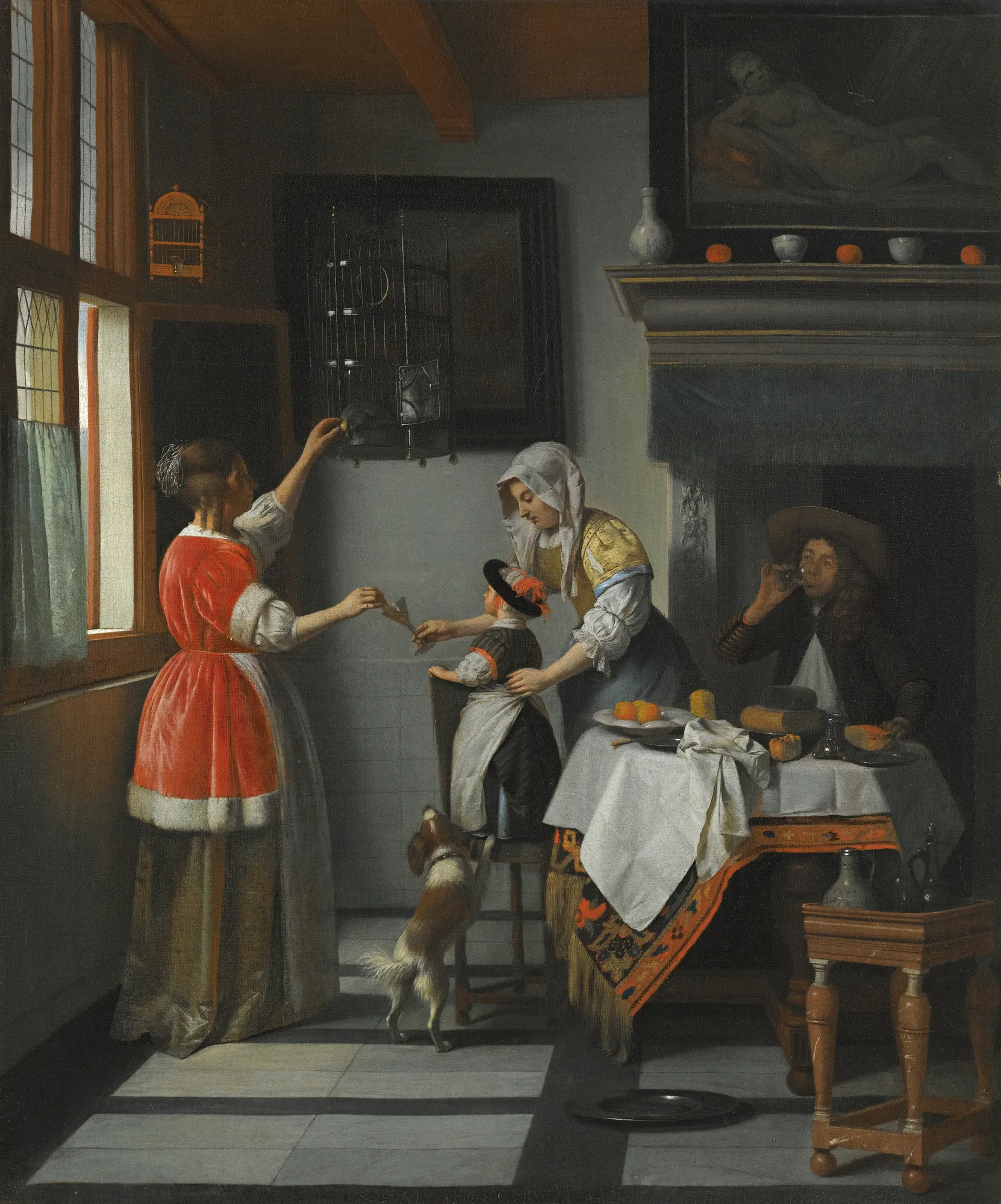 Interior with a Child Feeding a Parrot Interior with a Child Feeding a Parrot by Pieter de Hooch. A 17th-century Dutch domestic interior featuring two women, a child feeding a bird in a cage, and a man seated at a draped table.