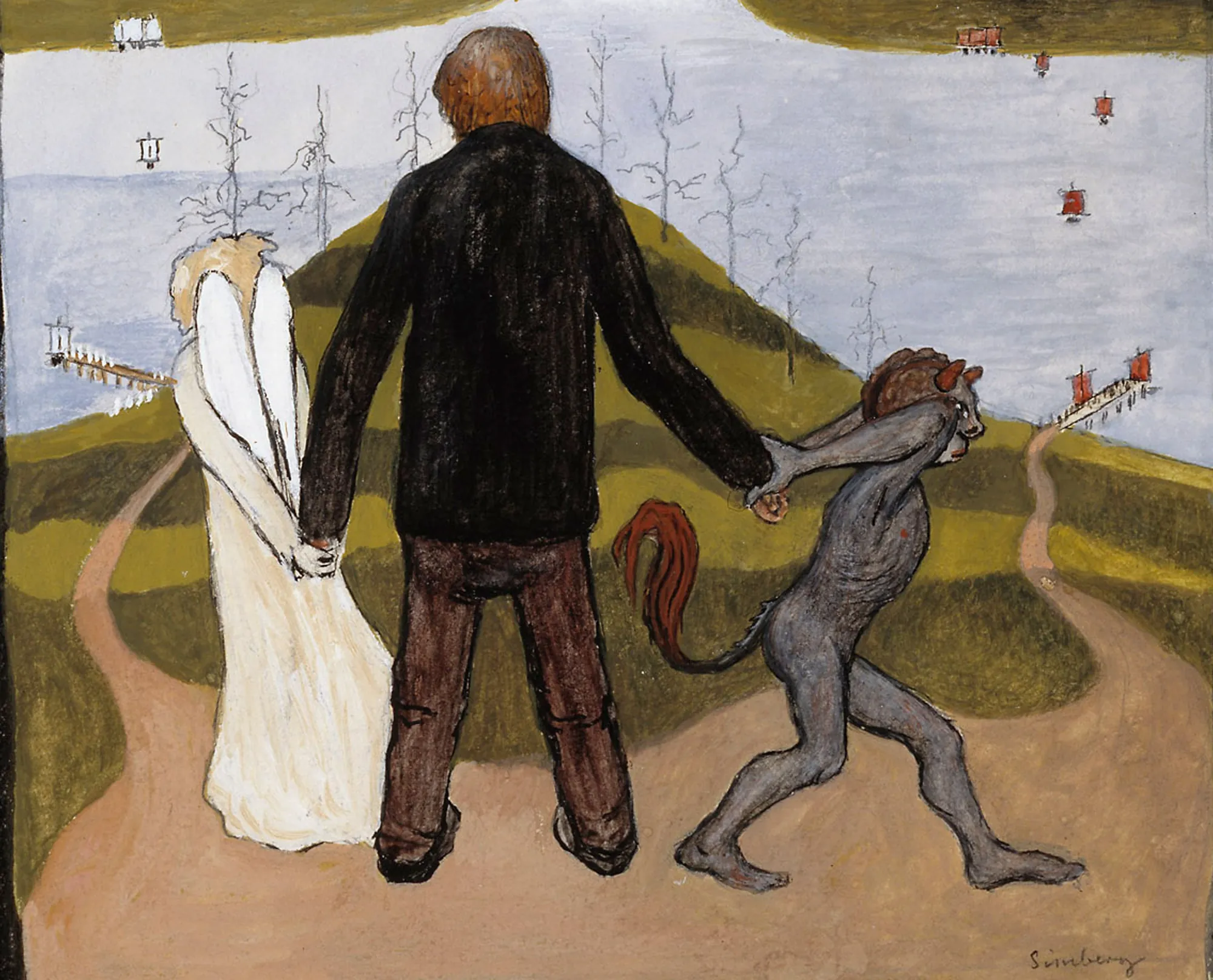 At the Crossroads At the Crossroads by Hugo Simberg. A man stands from a rear view at a fork in a path, flanked by a white-clad angel on the left and a small grey devil creature pulling his arm on the right.