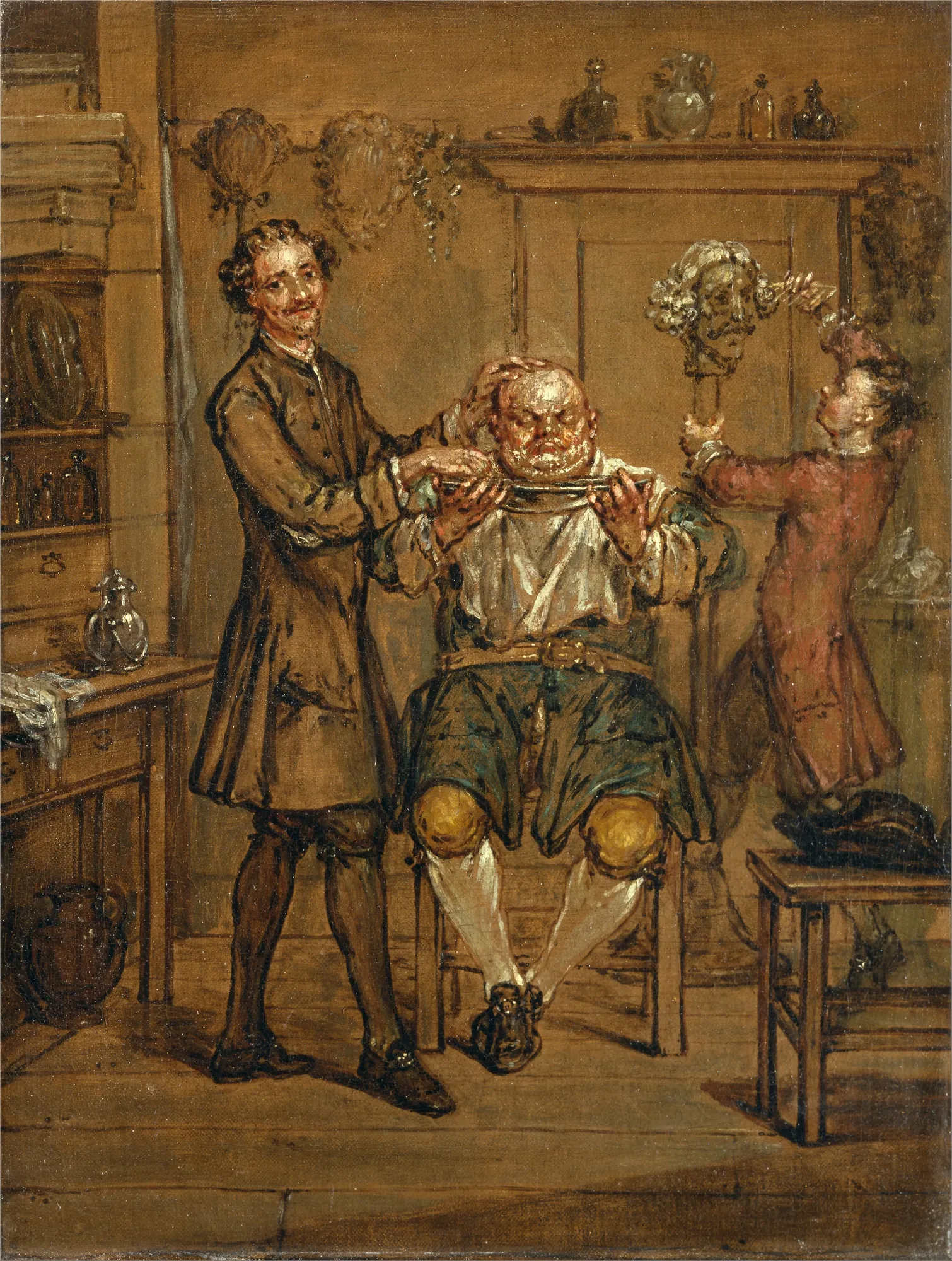 The Barber The Barber by Marcellus Laroon the Younger. A warm-toned genre painting showing a barber and his assistant tending to a seated customer in a cluttered 18th-century shop.