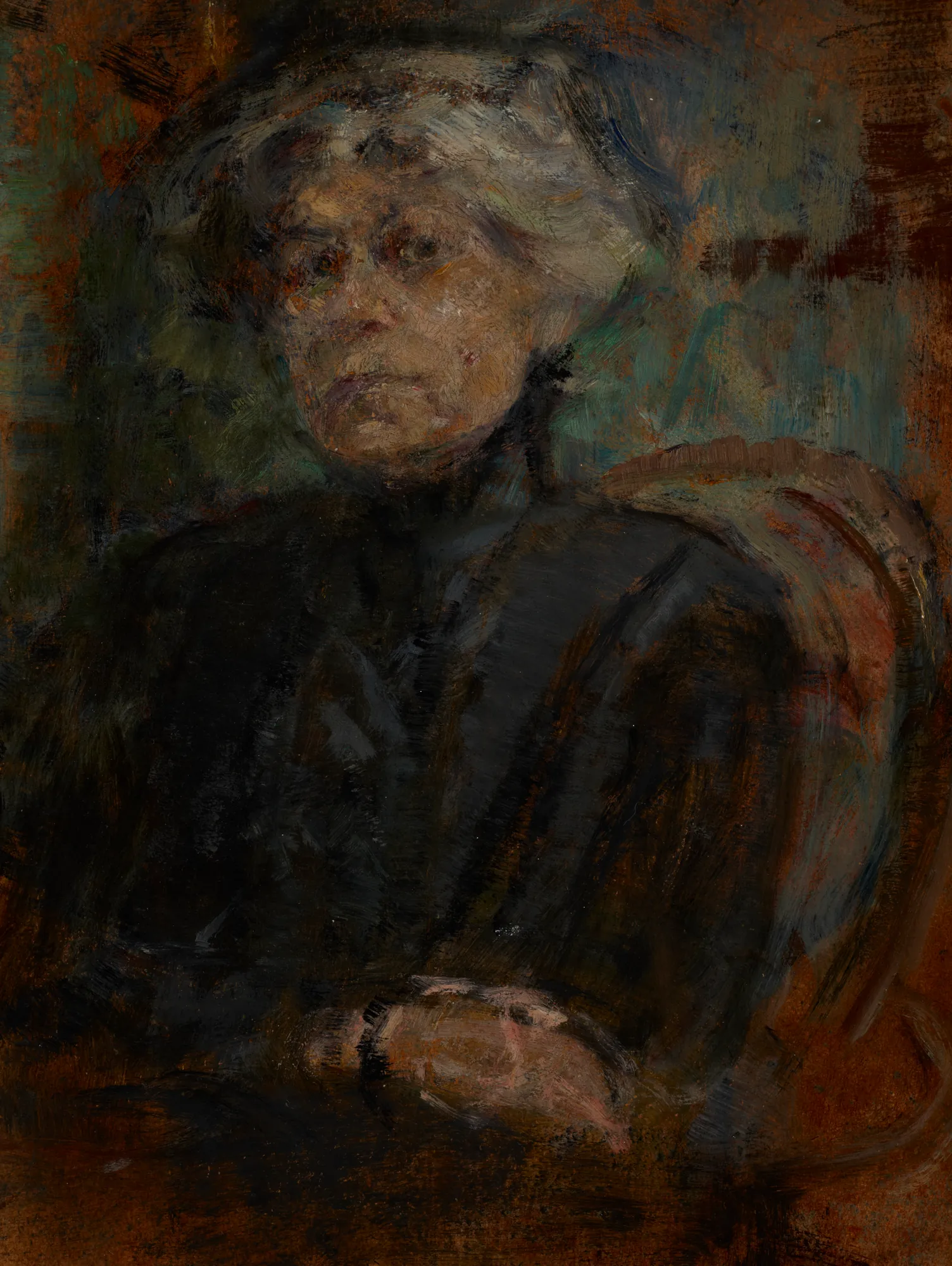 Portrait of Berta Dylion Portrait of Berta Dylion by Olga Boznańska. A moody, atmospheric oil portrait of an elderly woman with silver hair, wearing a dark garment and seated in a chair.