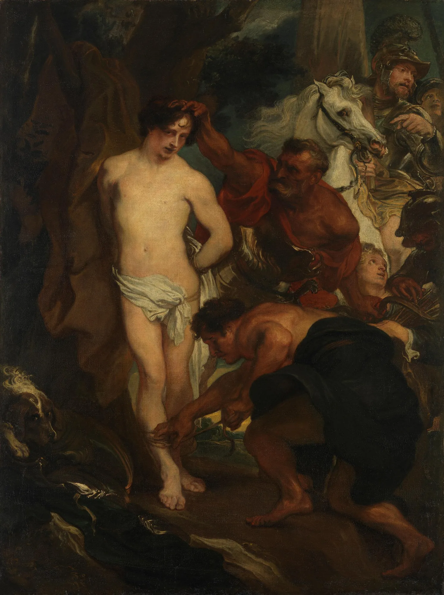 The Martyrdom of Saint Sebastian The Martyrdom of Saint Sebastian by Anthony van Dyck. A young, nearly nude man is bound to a tree by several figures, including a man on a white horse and another crouching at his feet.