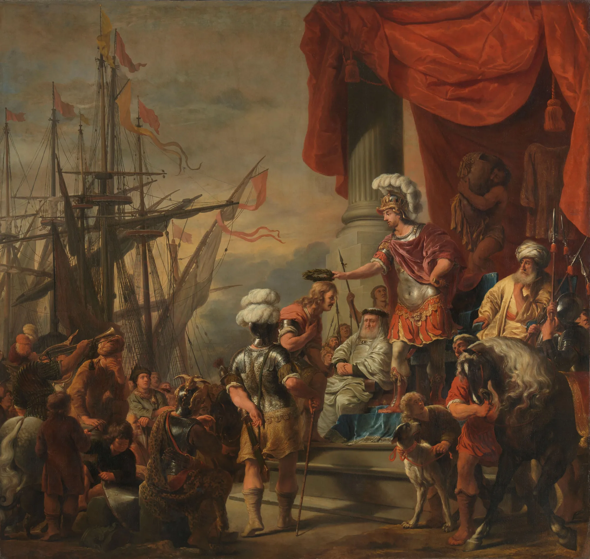 Aeneas Crowning Cloanthus Aeneas Crowning Cloanthus by Ferdinand Bol. A dramatic classical scene depicting Aeneas in Roman armor crowning Cloanthus before a seated elder, set against a backdrop of sailing ships and a rich red canopy.