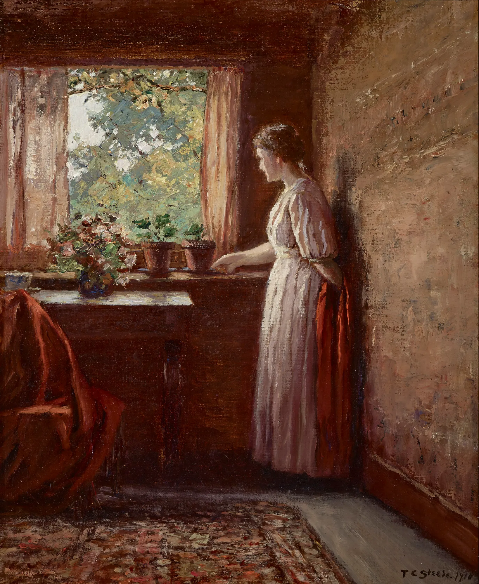 The Girl by the Window The Girl by the Window by Theodore Clement Steele. A woman in a long white dress stands in profile looking out a bright window filled with potted plants.