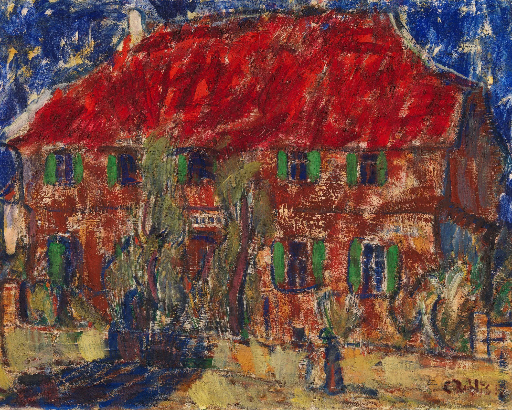 House with a Red Roof House with a Red Roof by Christian Rohlfs. An expressionist painting of a large brick house with a bright red roof and green shutters against a deep blue sky.