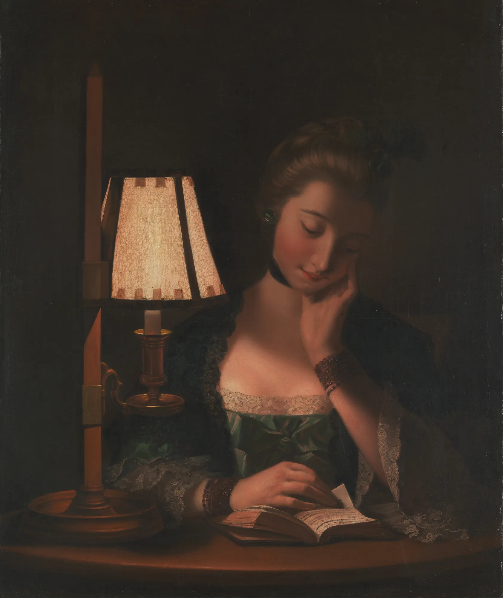 Woman Reading by a Paper-Bell Shade
