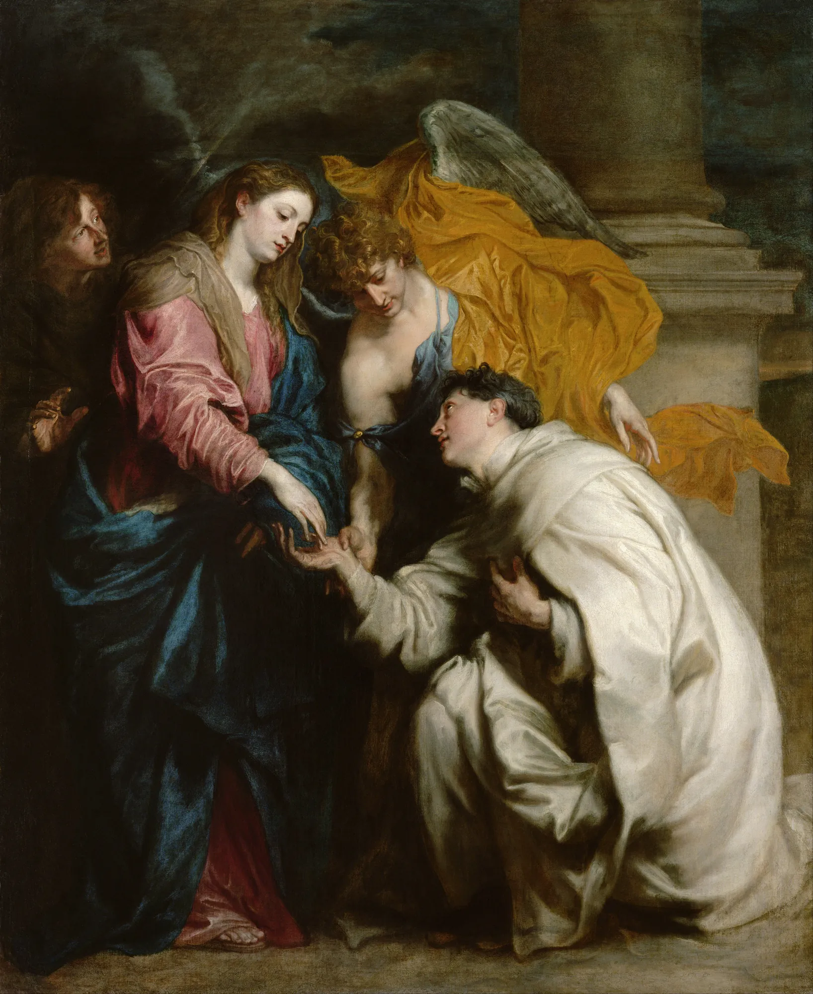 The Vision of the Blessed Hermann Joseph The Vision of the Blessed Hermann Joseph by Anthony van Dyck. A monk in white robes kneels in devotion before the Virgin Mary, while a winged angel in gold drapery stands between them.