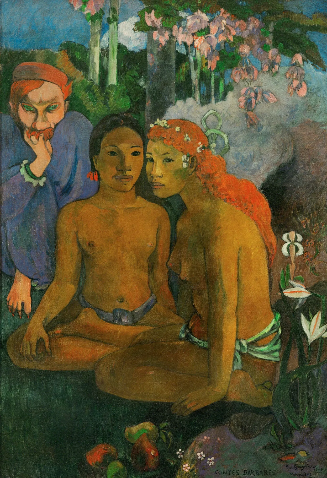 Barbarian Tales (Contes barbares) Barbarian Tales (Contes barbares) by Paul Gauguin. Two seated Polynesian women are observed by a red-haired man with an intense gaze amidst lush tropical flora.