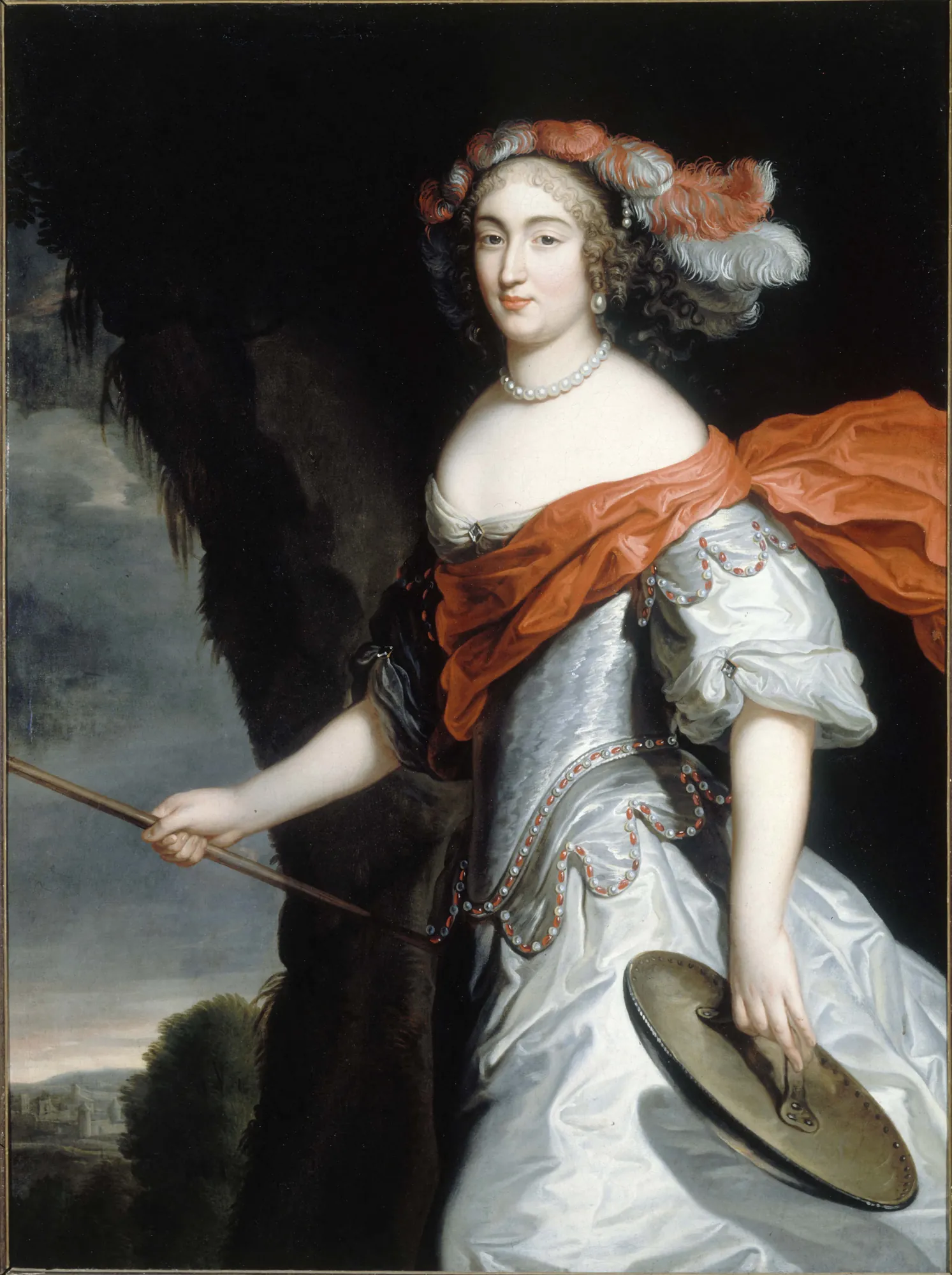 Anne Marie Louise d'Orléans Anne Marie Louise d'Orléans by Unknown Artist. A three-quarter length portrait of a noblewoman in a silver satin gown with a red sash, holding a staff and a shield.