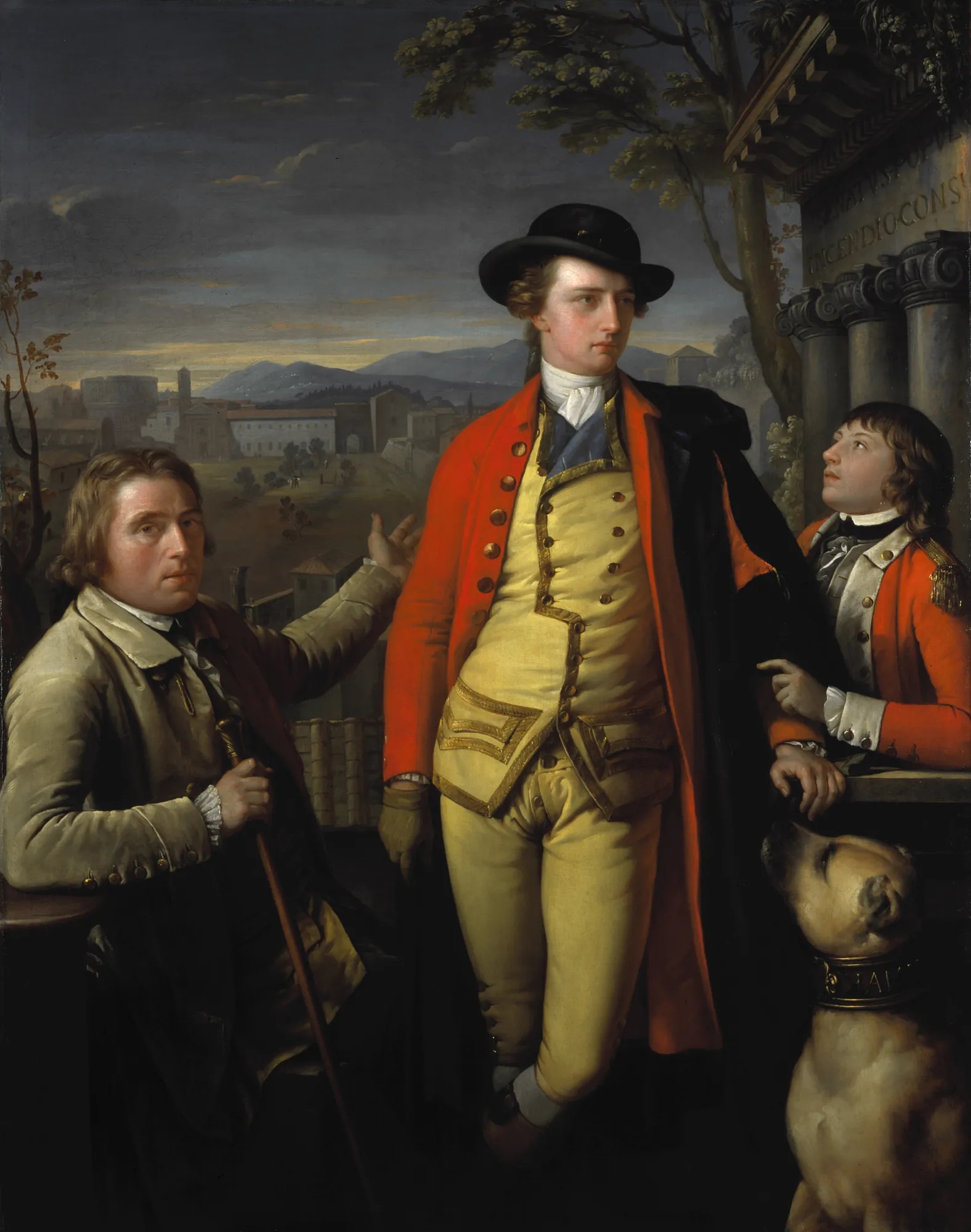 Douglas Hamilton, 8th Duke of Hamilton, with Dr. John Moore and Sir John Moore Douglas Hamilton, 8th Duke of Hamilton, with Dr. John Moore and Sir John Moore by Gavin Hamilton. A full-length portrait of the 8th Duke of Hamilton in a vibrant red and yellow suit, accompanied by two associates and a large dog against a classical Roman landscape.