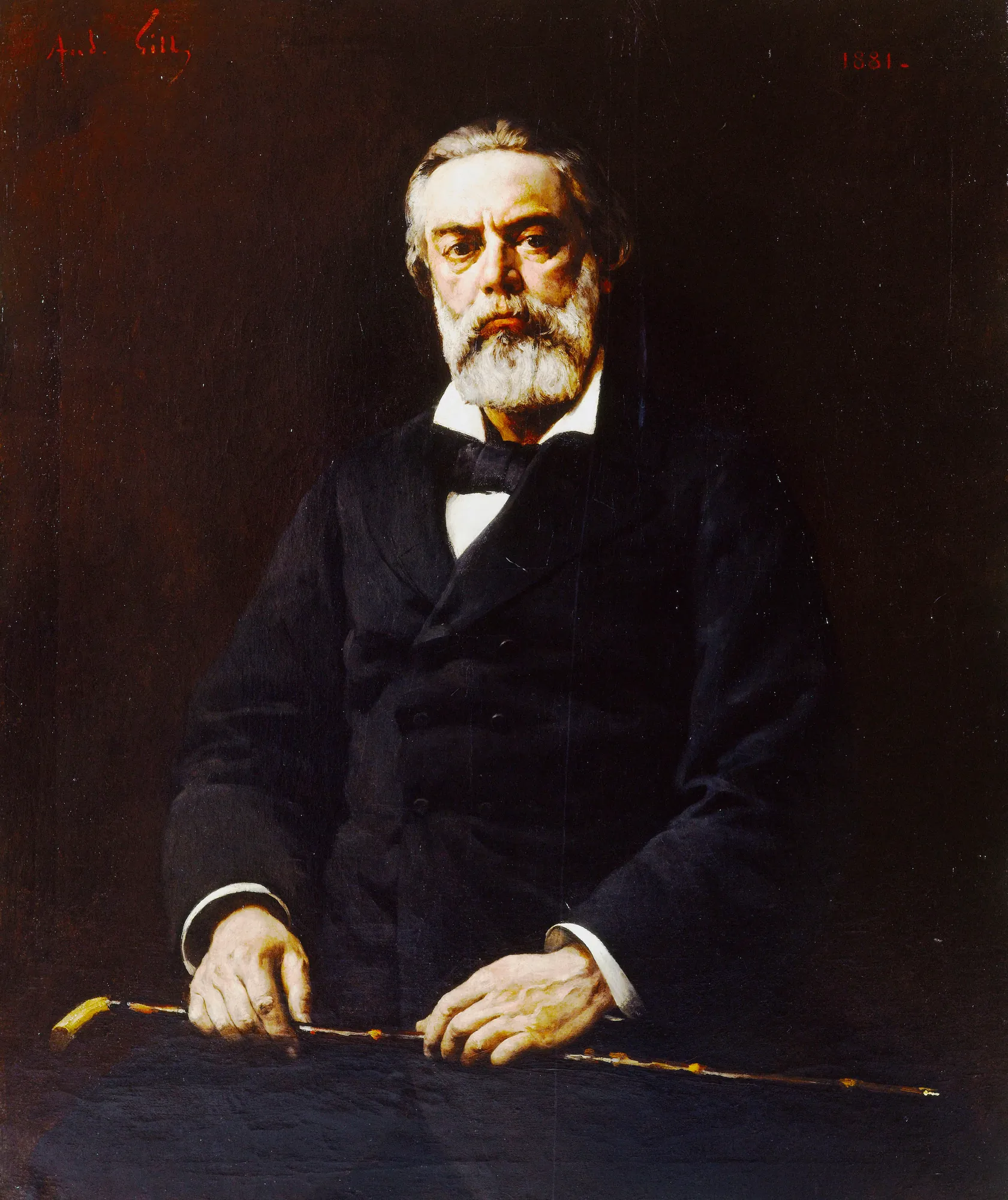 Jules Vallès Jules Vallès by André Gill. A dignified oil portrait of a bearded man in a dark suit against a near-black background, holding a cane horizontally.