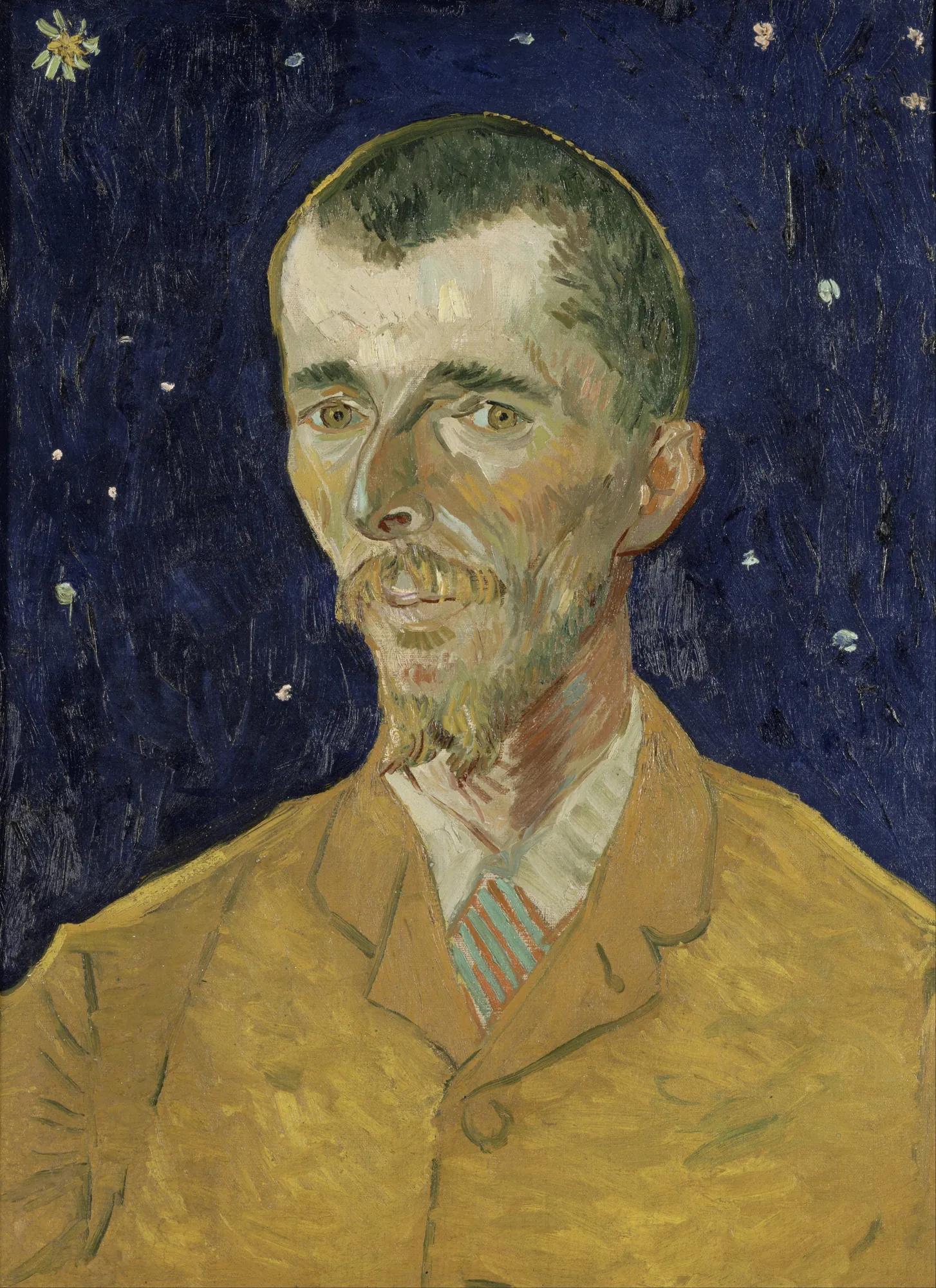 Portrait of Eugène Boch Portrait of Eugène Boch by Vincent van Gogh. A waist-up portrait of a man with a thin beard and mustache wearing a golden-yellow jacket against a deep blue background with stylized stars.
