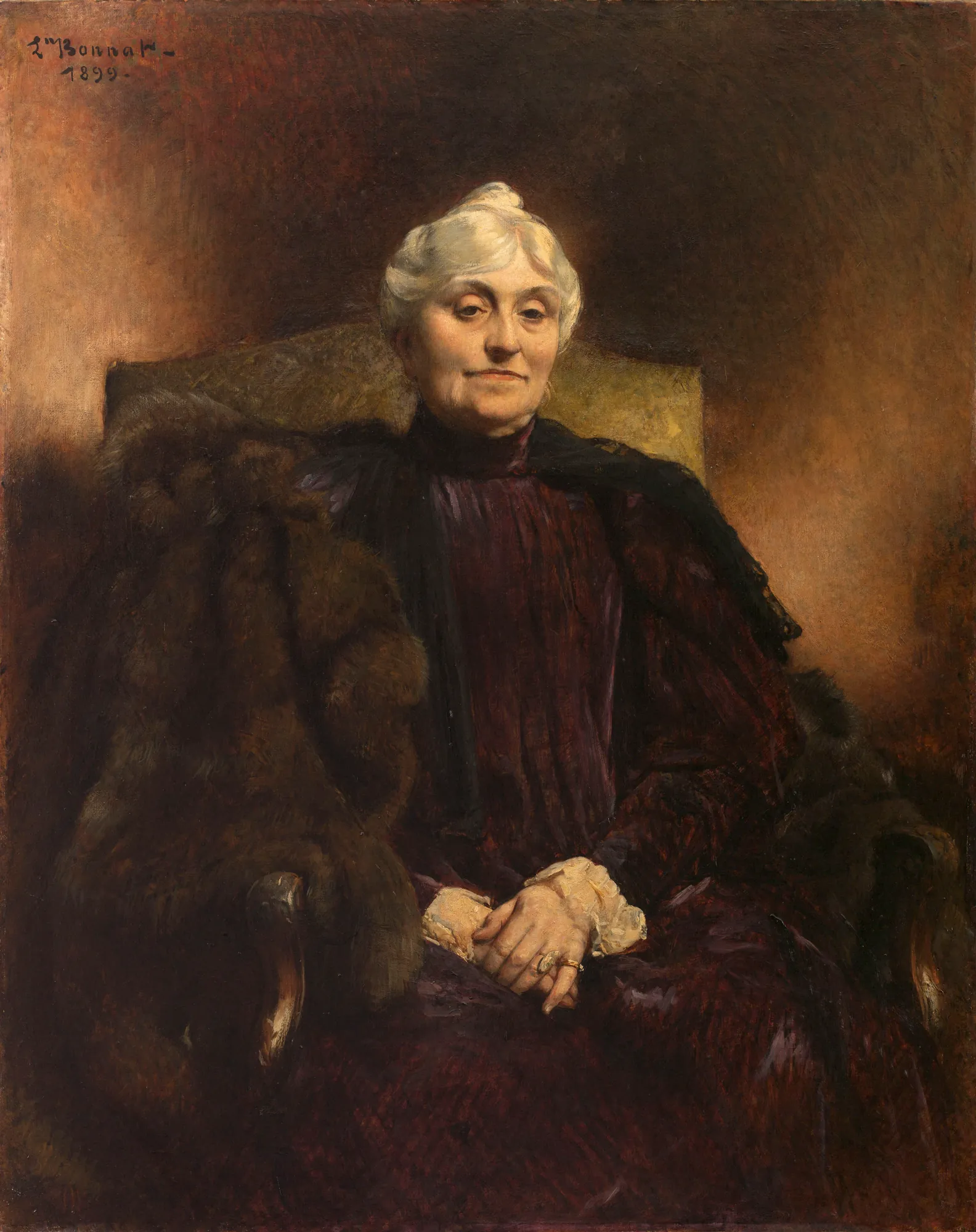 Portrait of Madame Dubernet Portrait of Madame Dubernet by Léon Bonnat. A dignified seated portrait of an elderly woman with silver hair, wearing a deep purple dress and a heavy fur-trimmed cloak against a dark, moody background.