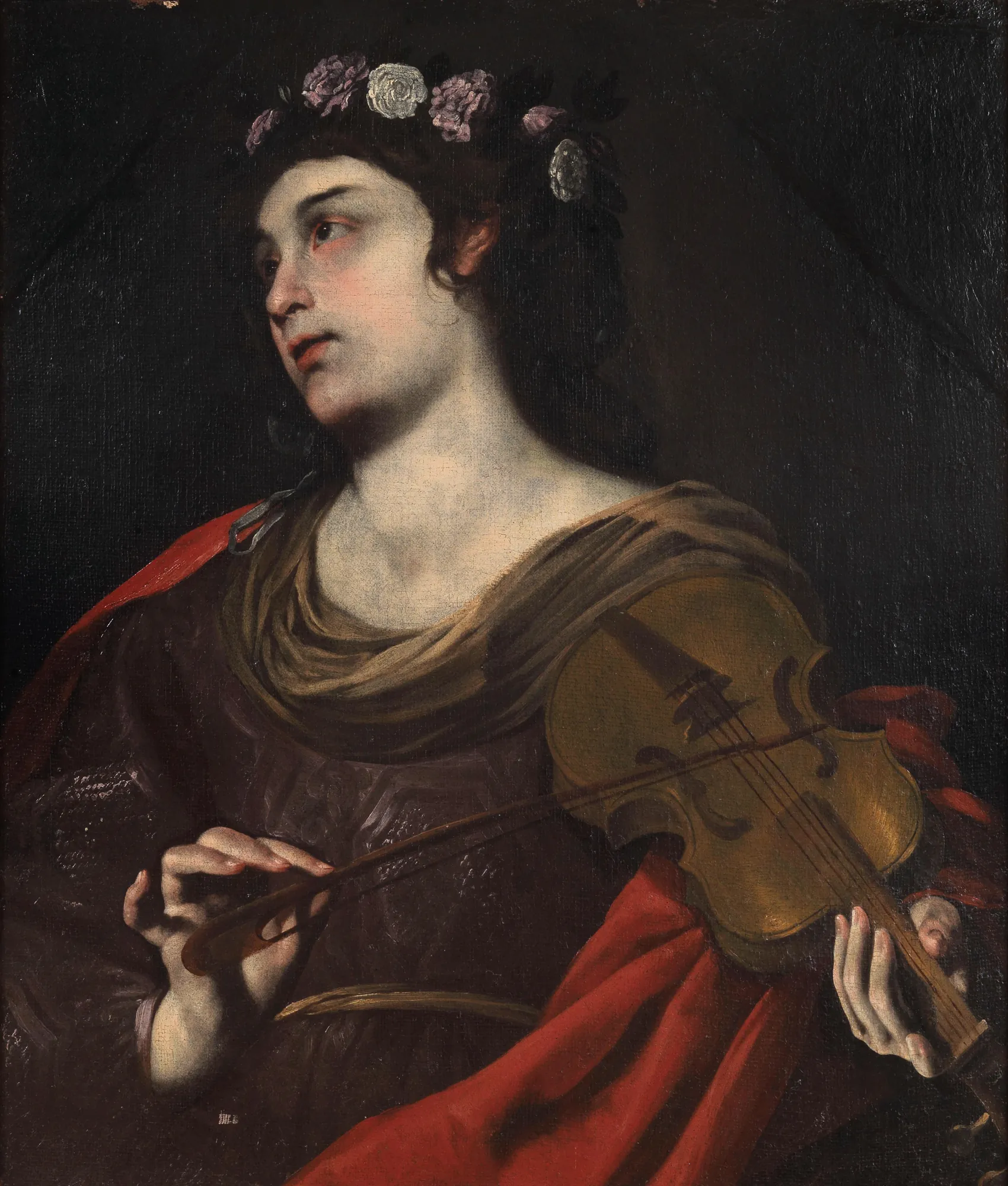 Saint Cecilia Saint Cecilia by Andrea Vaccaro. A young woman with a floral wreath in her hair looks upward while holding a violin and bow.
