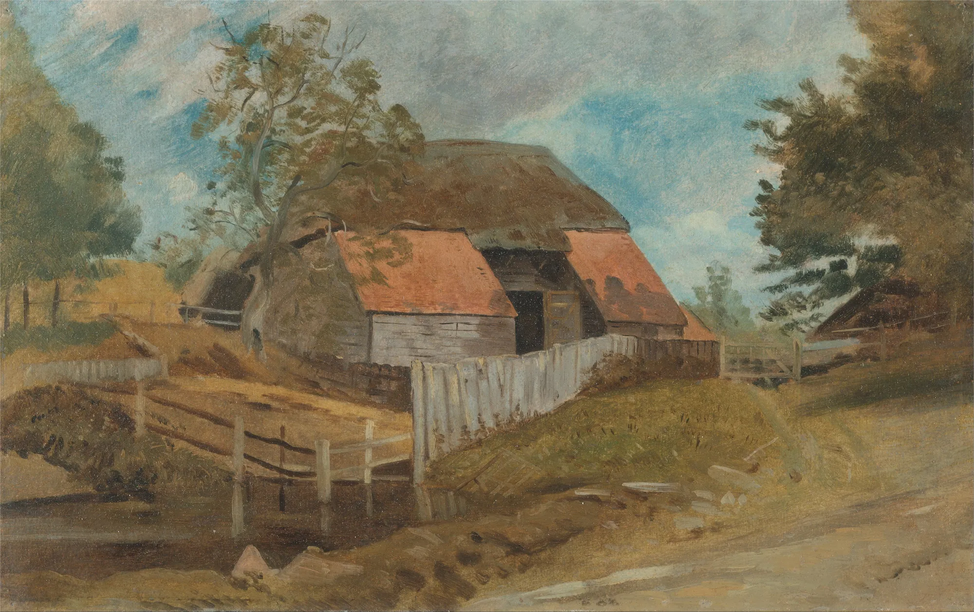 Old Barn Old Barn by Lionel Bicknell Constable. An oil study of a rustic timber-framed barn with a thatched roof and red-tiled sections, situated behind a weathered wooden fence under a soft, cloudy sky.